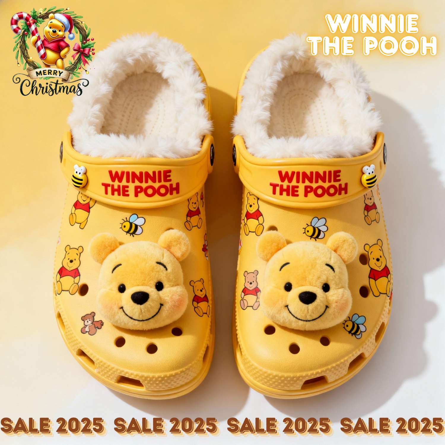 Footwearmerch Winnie The Pooh x Christmas Crocs Crocband Fleece Lined Clogs Shoes Comfortable For Men Women and Kids In Winter