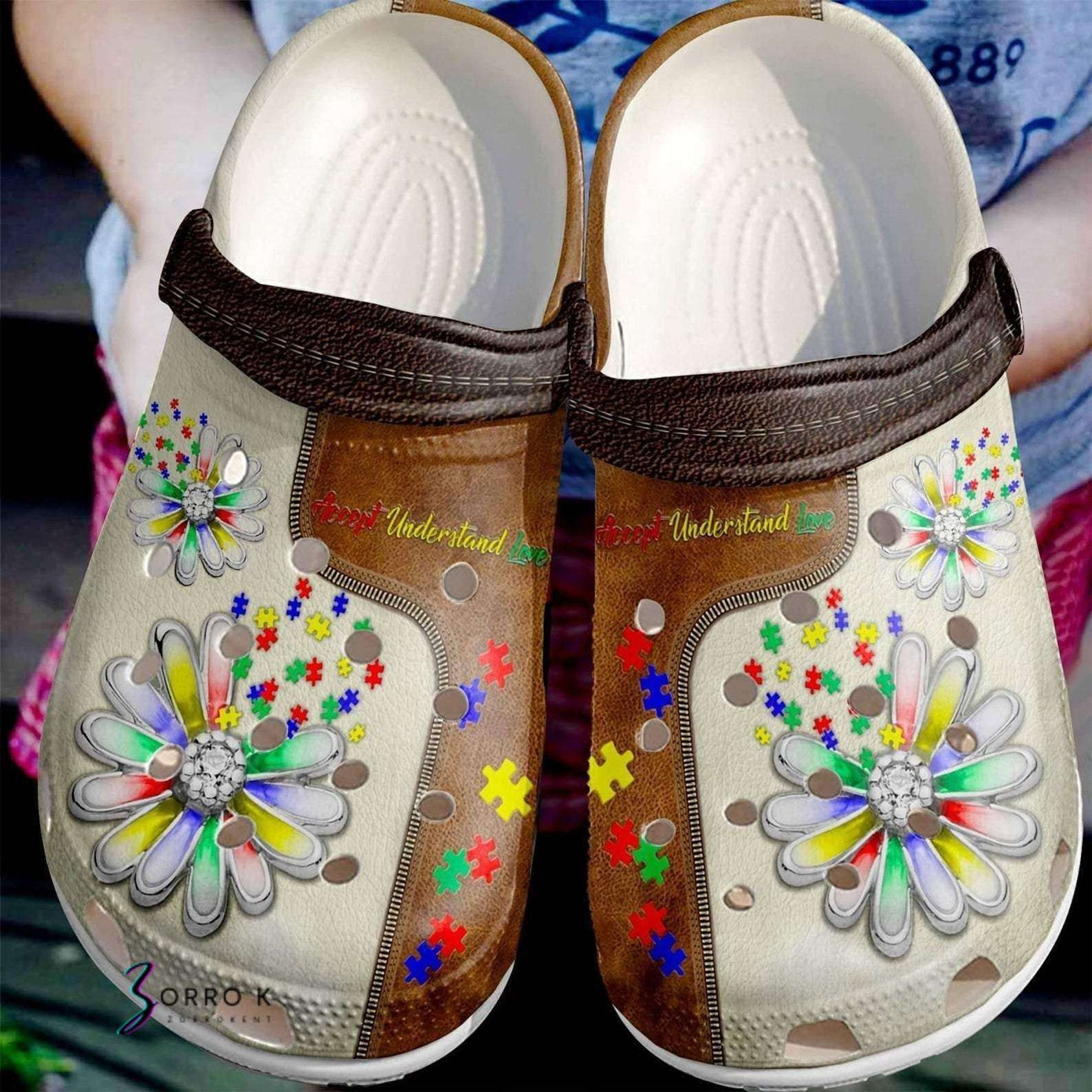 Footwearmerch Autism Awareness Day Daisy Flower Accept Understand Love Puzzle Pieces Crocband Clog Shoes