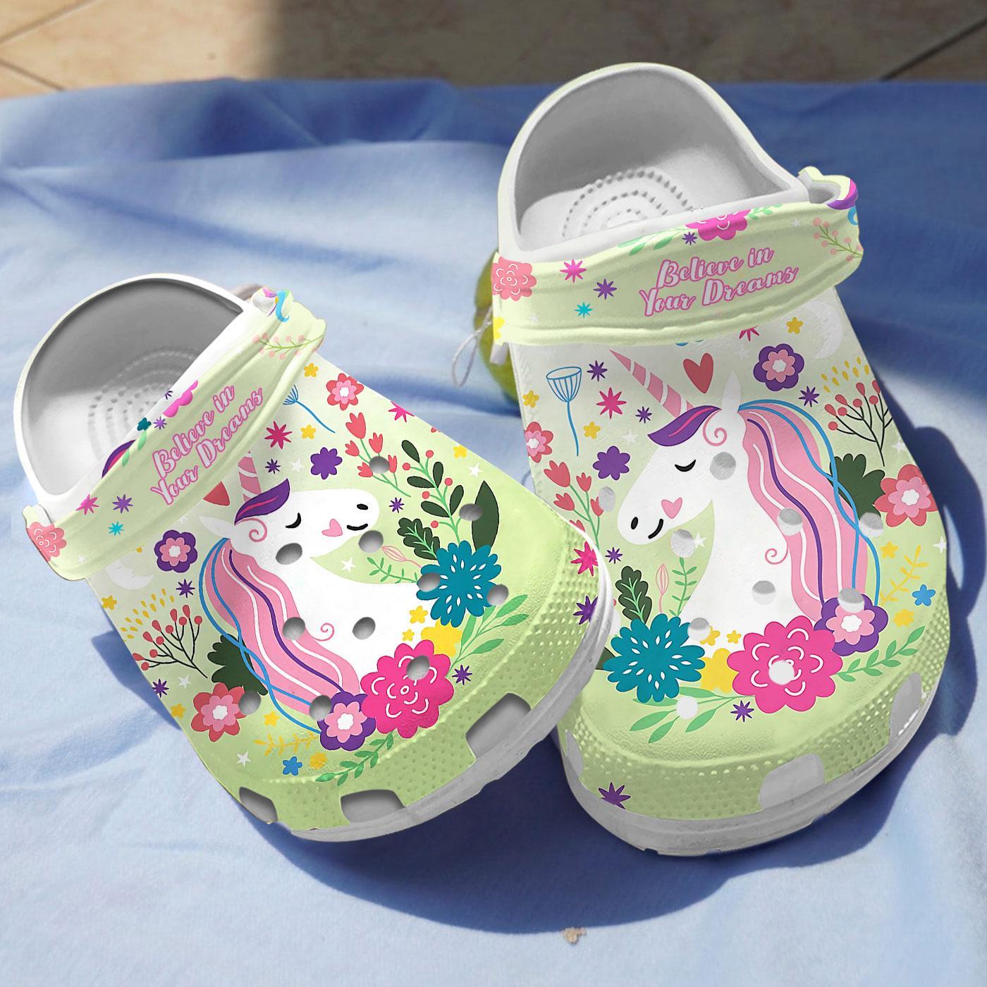 Footwearmerch Believe in Dreams Unicorn Crocs Crocband Clogs Shoes Comfortable For Men Women and Kids