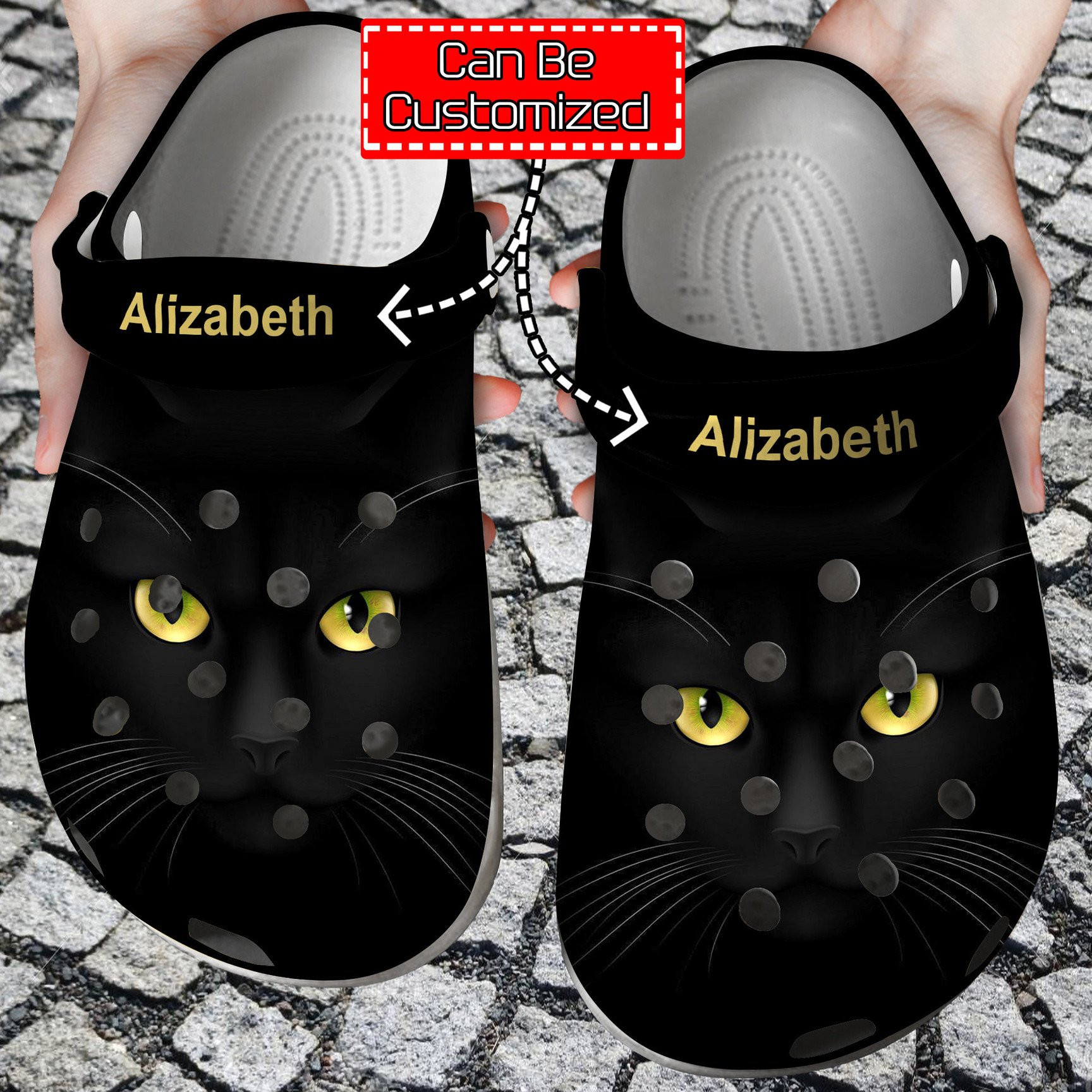Footwearmerch Black Cat Face Print Personalized Clogs Shoes With Your Name Cat