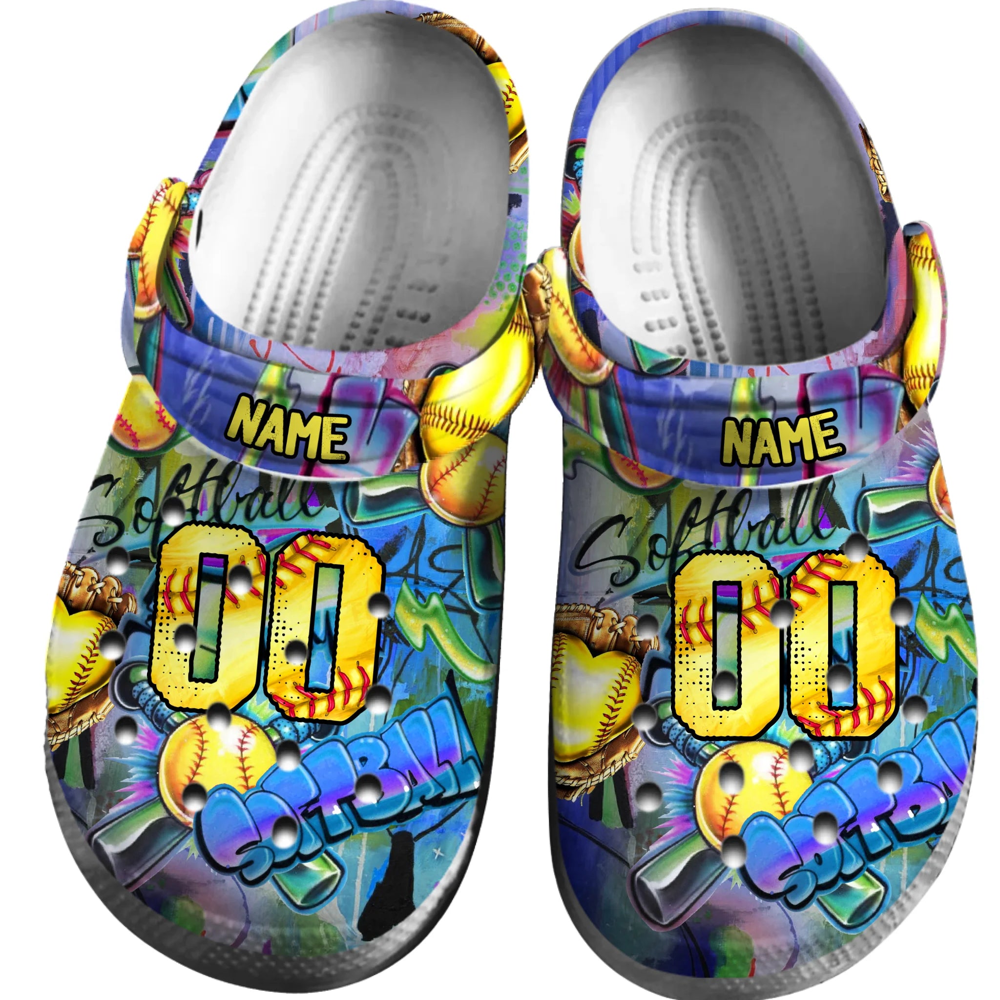 Footwearmerch Blue Graffiti Softball Sport Crocs Crocband Clogs Shoes Comfortable For Men Women and Kids