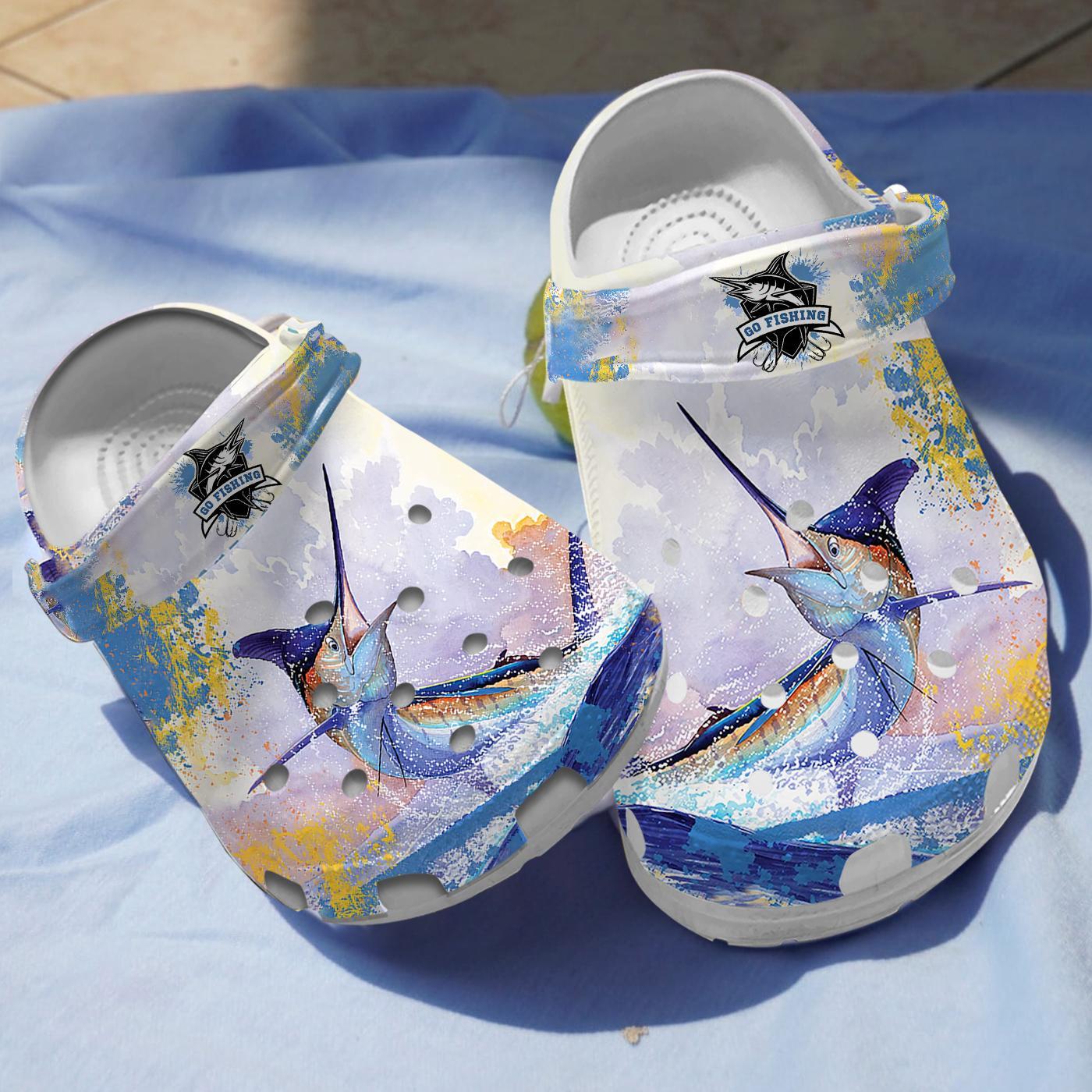 Footwearmerch Blue Marlin Fishing Crocs Crocband Clogs Shoes Comfortable For Men Women and Kids