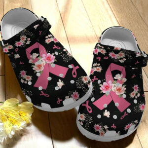Footwearmerch Breast Cancer Awareness Pink Ribbon Flower Crocband Clog Shoes