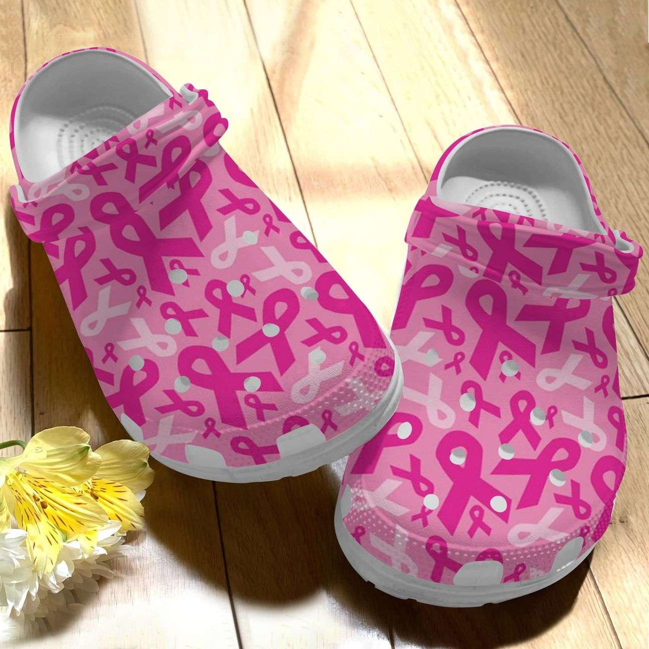 Footwearmerch Breast Cancer Awareness Pink Ribbon Pattern Crocband Clog Shoes