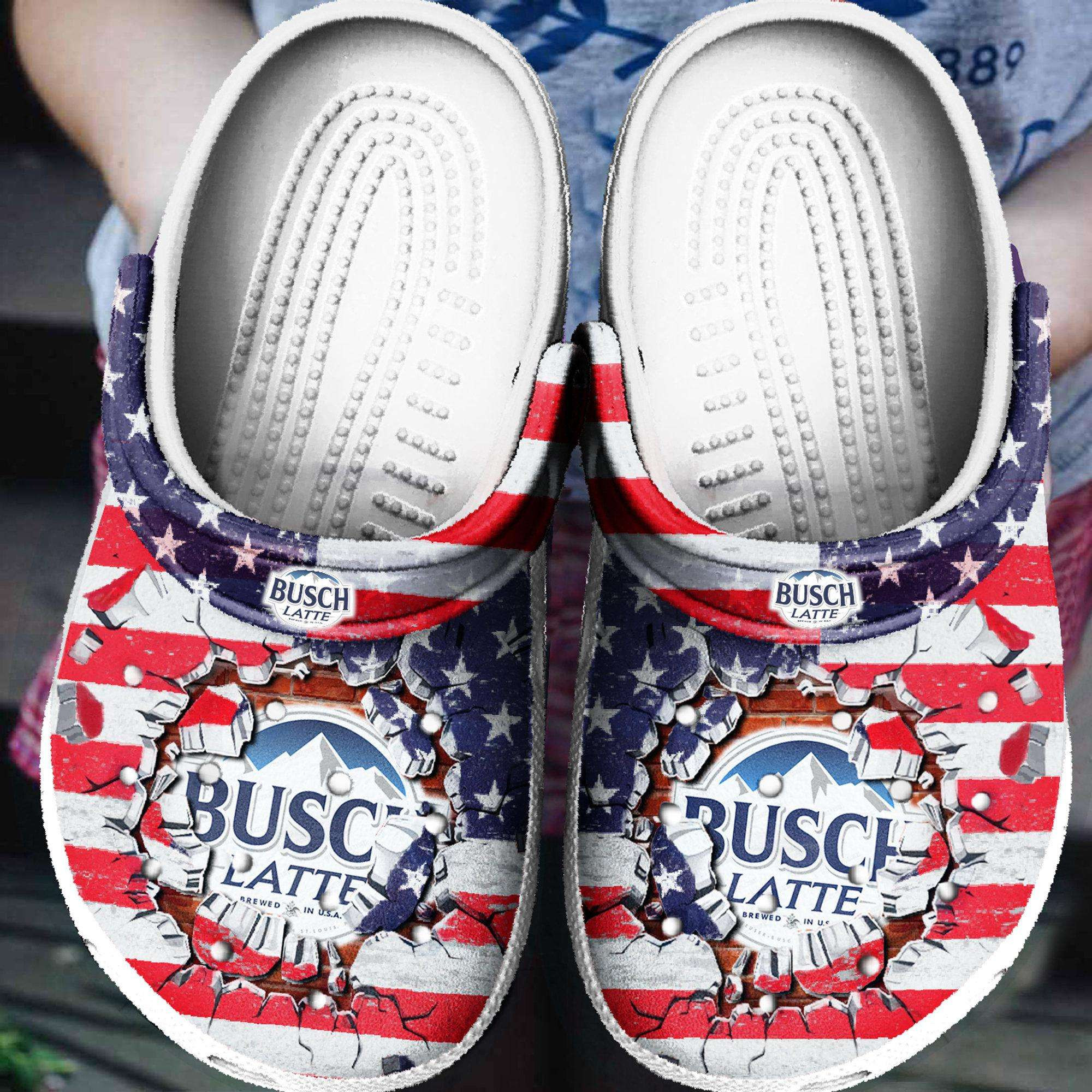 Footwearmerch Busch Latte America Flag Busch Light Beer Crocband Clog Shoes