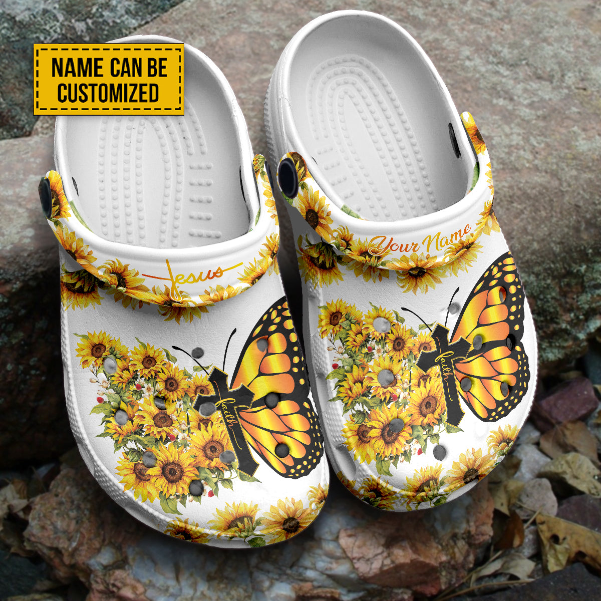 Footwearmerch Butterfly Flowers And Cross Customized Crocs Crocband Clogs Shoes Comfortable For Men Women and Kids Gift For Jesus Lovers
