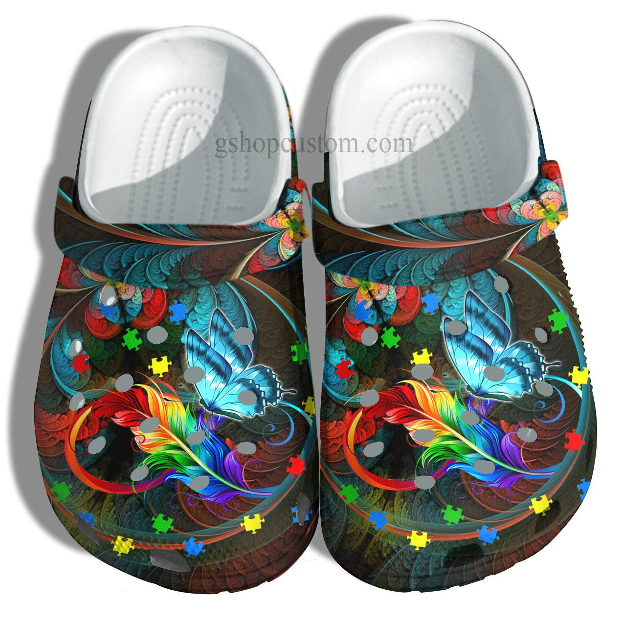 Footwearmerch Butterfly Memory Rainbow Feather Shoes - Butterfly Autism Awareness Puzzel Shoes Croc Clogs Gifts Mother Day