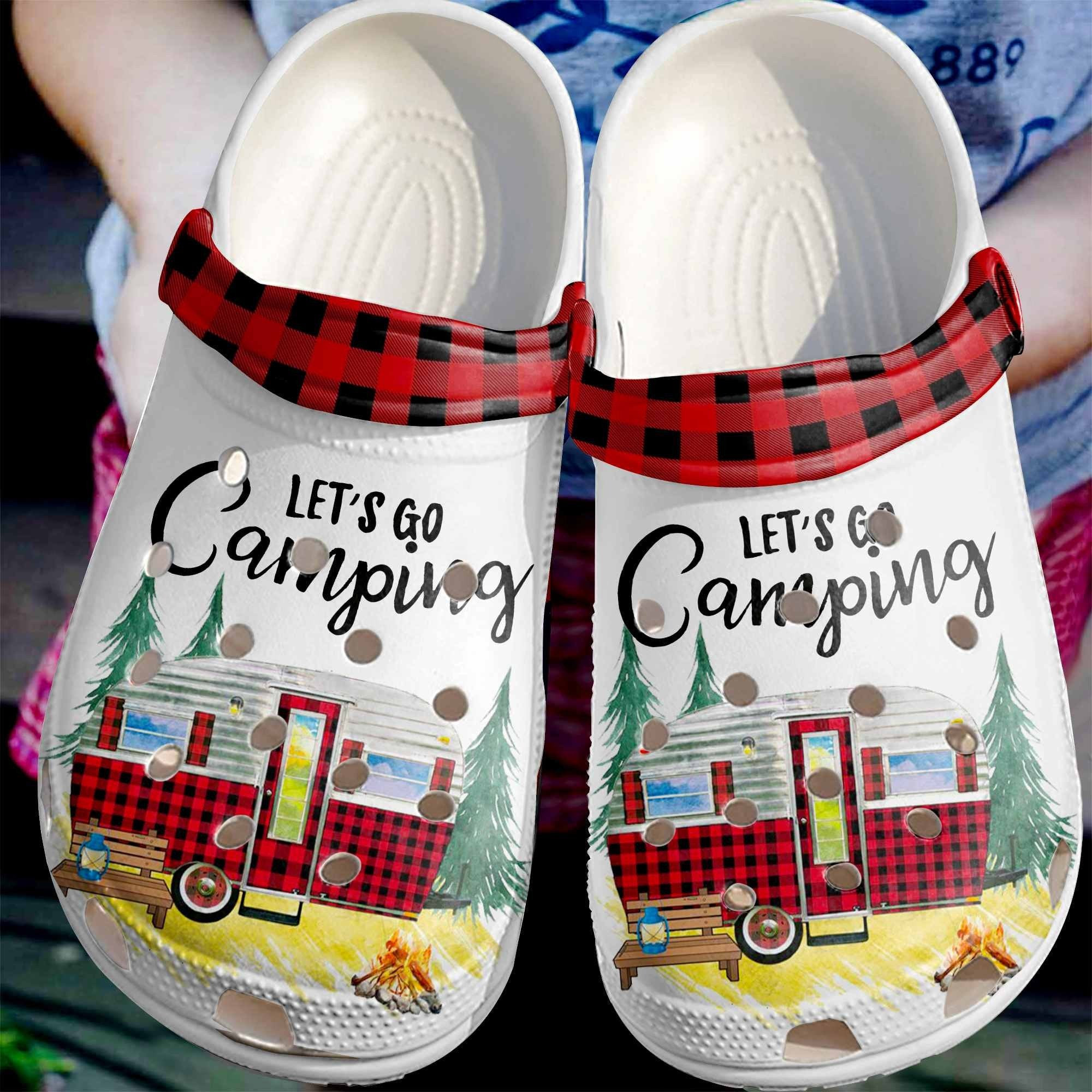 Footwearmerch Camping Red Gingham Shoes Clogs - Lets Go Camping Custom Shoe Birthday Gift