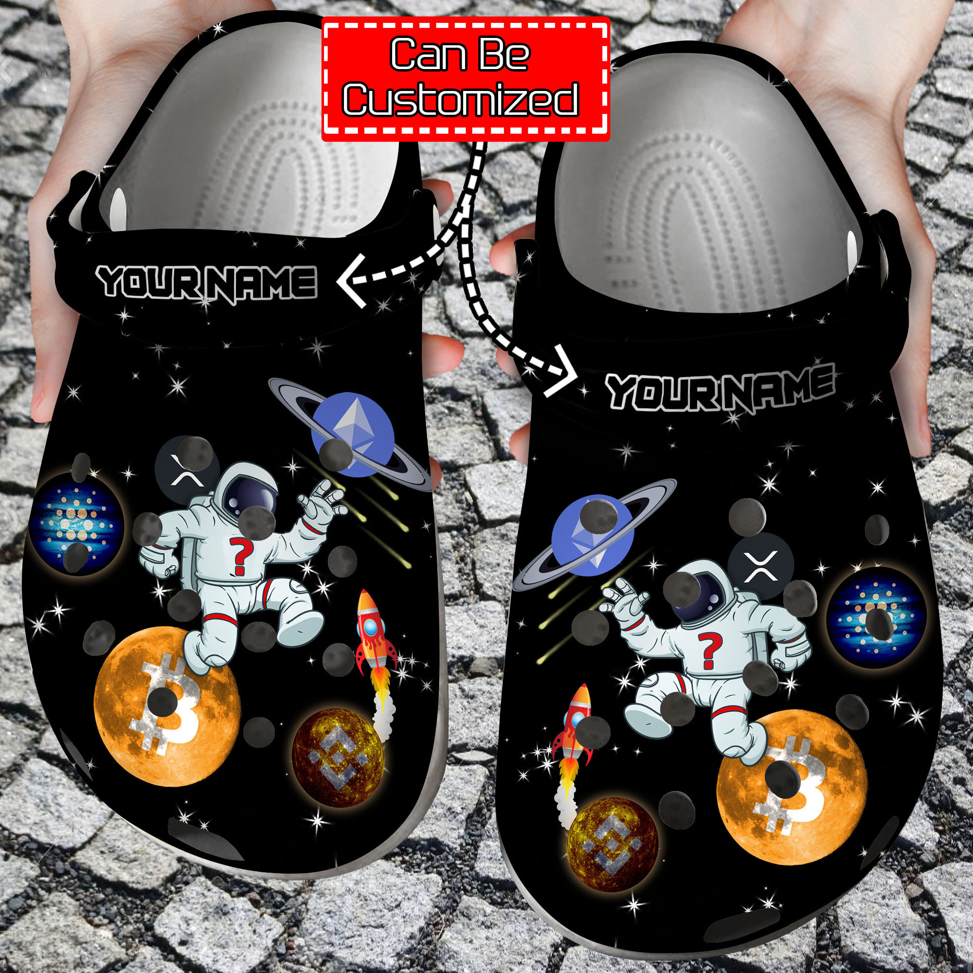 Footwearmerch Crypto Personalized Spaceman Jumping Between Crypto Coins Clog Shoes
