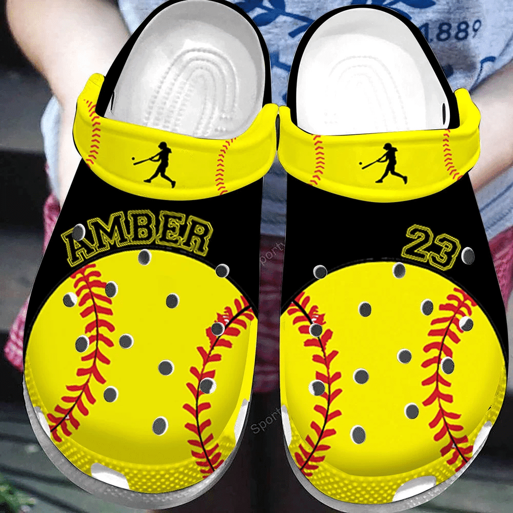 Footwearmerch Custom Name And Number Softball Player Black Yellow Clogs Shoes