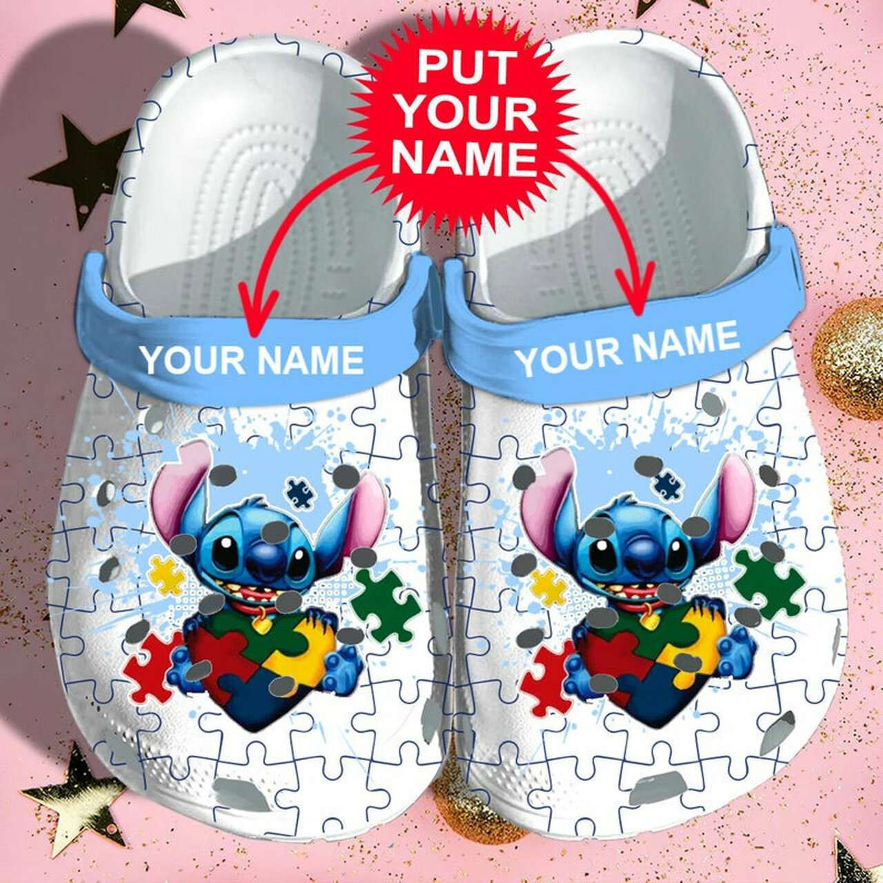 Footwearmerch Custom Name Autism Awareness Day Stitch Puzzle Pieces Crocband Clog Shoes