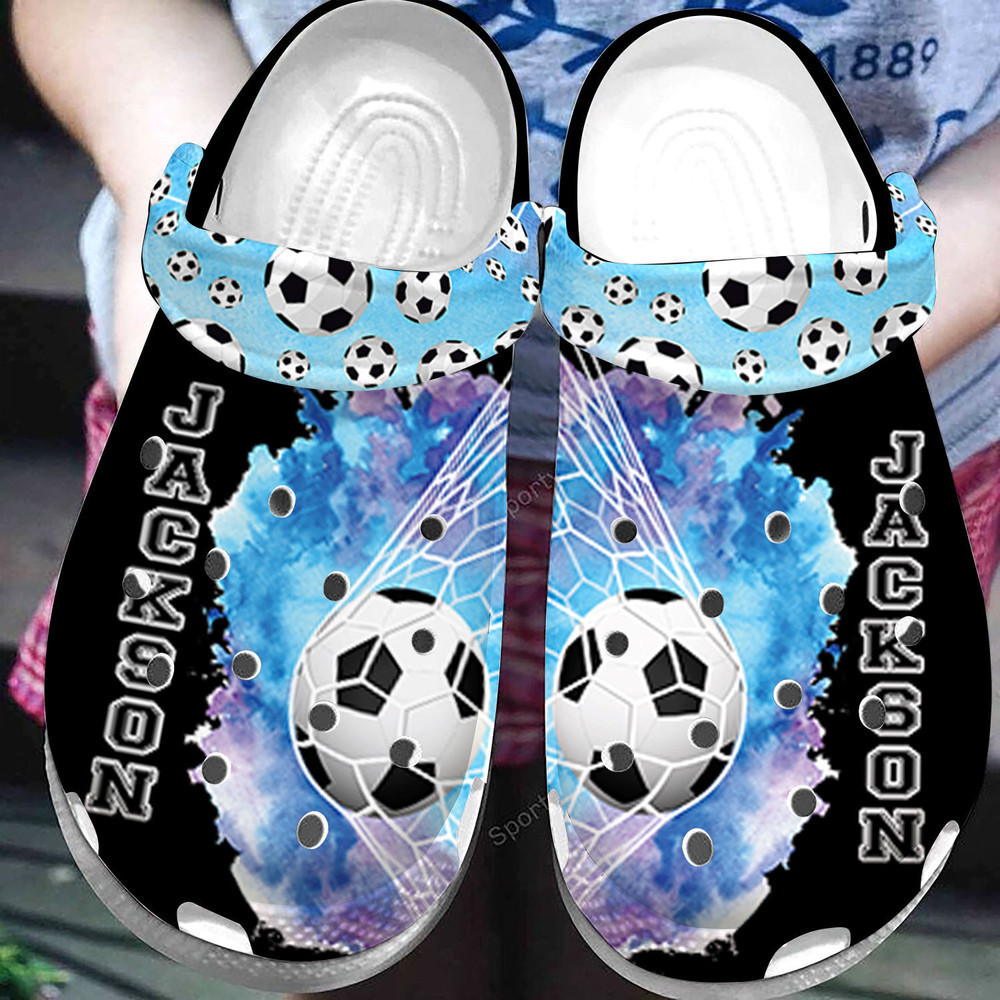 Footwearmerch Custom Name Soccer Ball In The Goal Net Black Blue Clogs Shoes