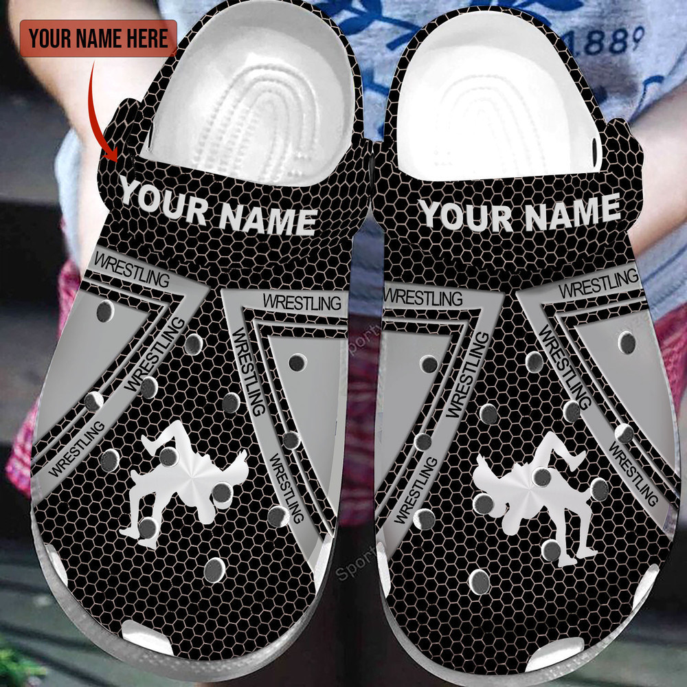 Footwearmerch Custom Name Wrestling Steel Black Grey Clogs Shoes