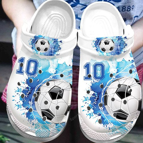 Footwearmerch Custom Number Soccer Goal Blue White Watercolor Clogs Shoes
