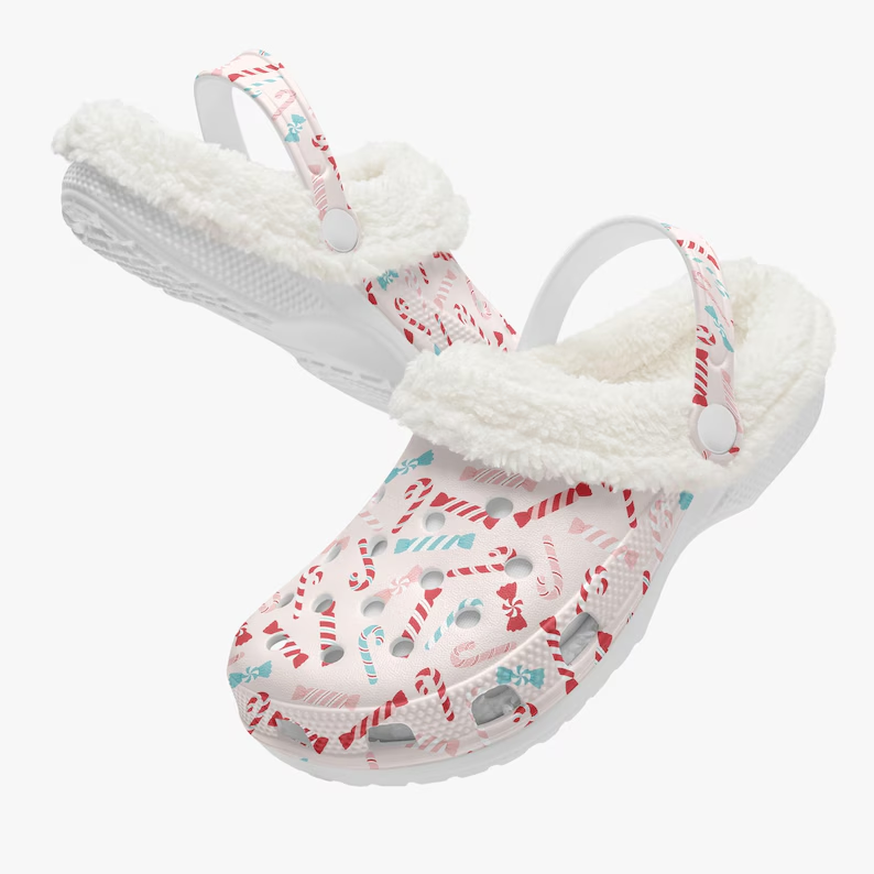 Footwearmerch Cute Candy Cane Christmas Crocs Crocband Fleece Lined Clogs Shoes Comfortable For Men Women and Kids In Winter