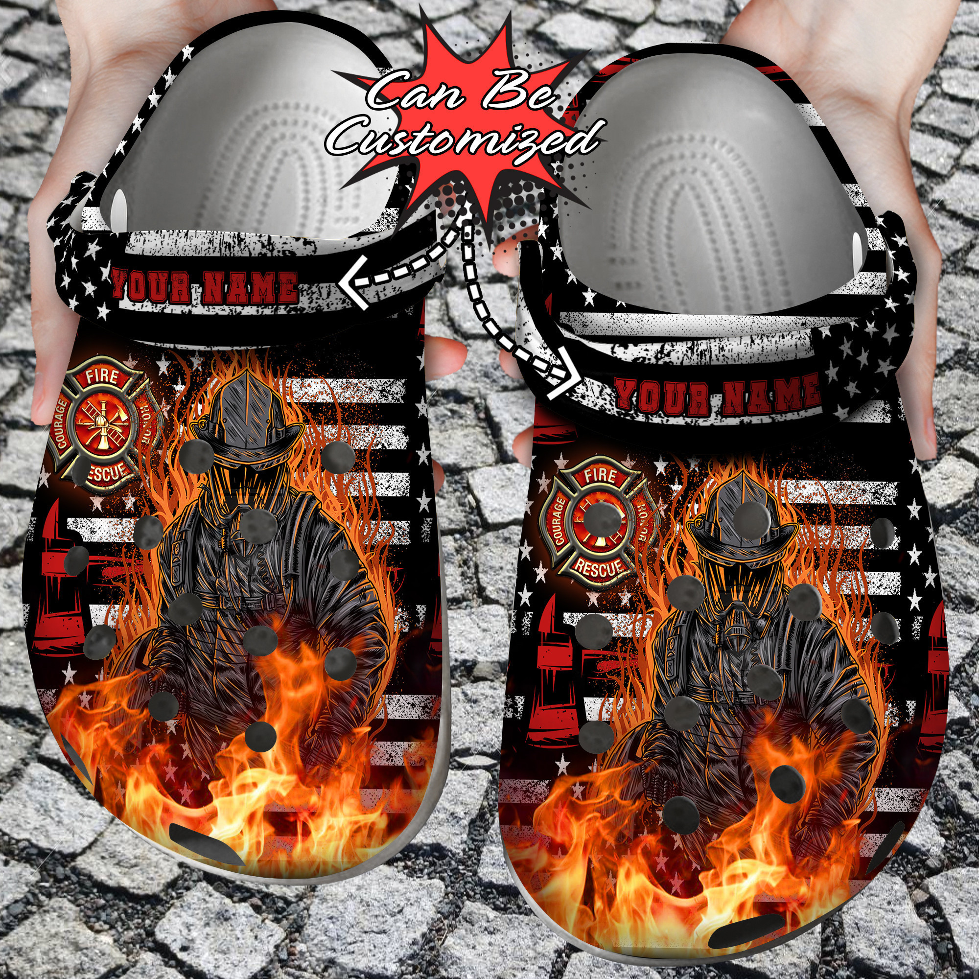 Footwearmerch Firefighter Personalized Firefighter Flag Thin Red Line Clog Shoes