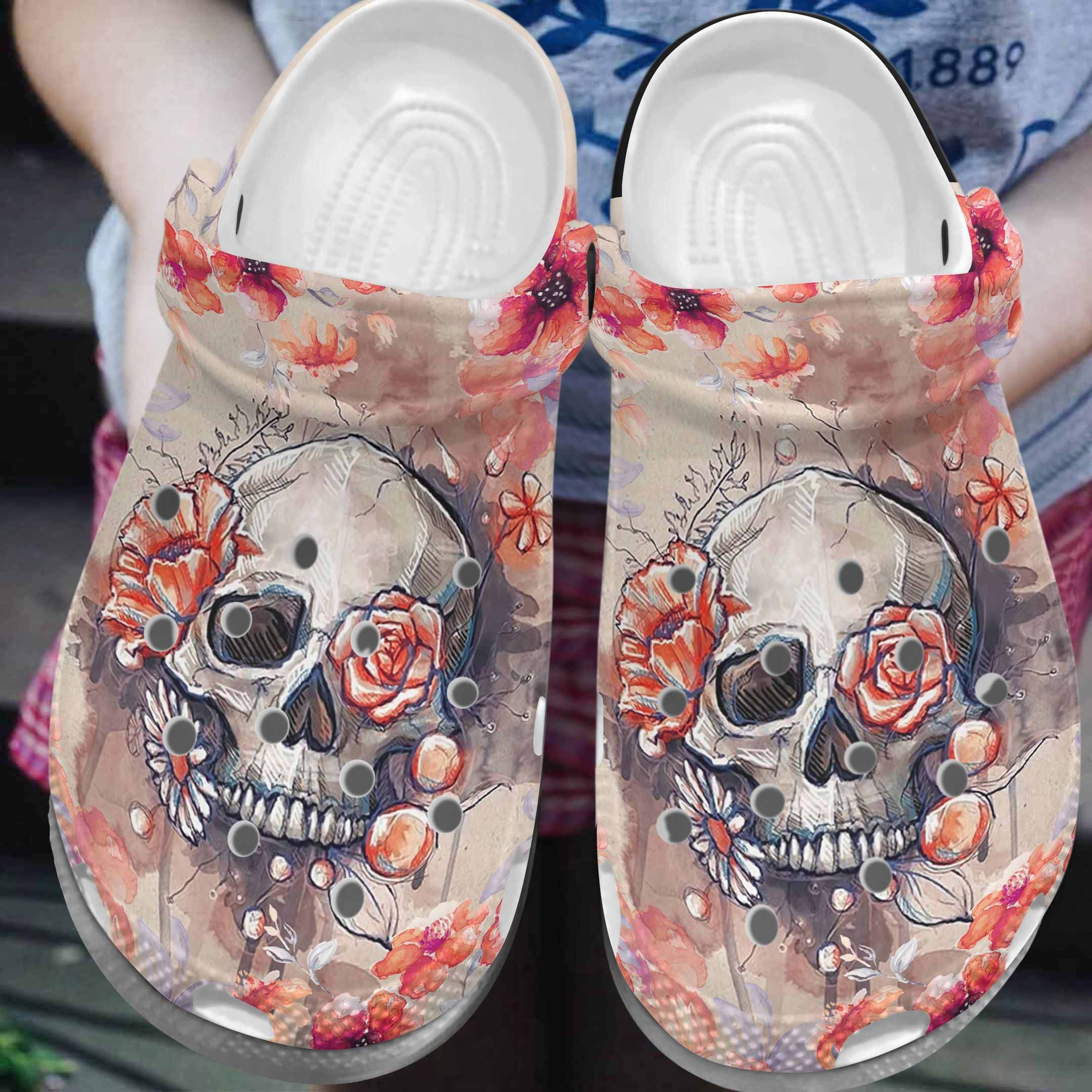 Footwearmerch Flower Skull Shoes - Roses Skull Shoes Crocbland Clog Gifts For Women Daughter Niece