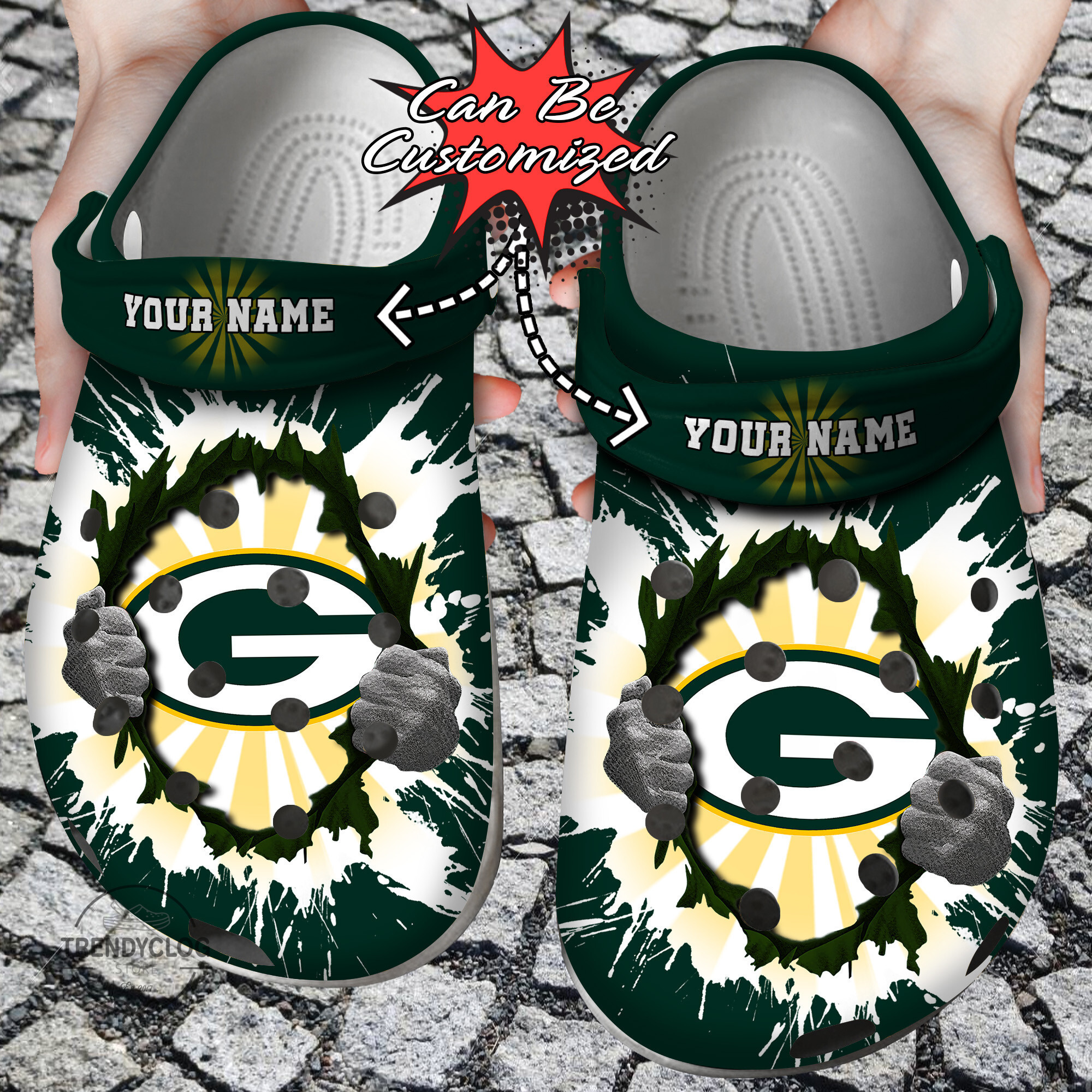 Footwearmerch Football Personalized GPackers Hands Ripping Light Clog Shoes