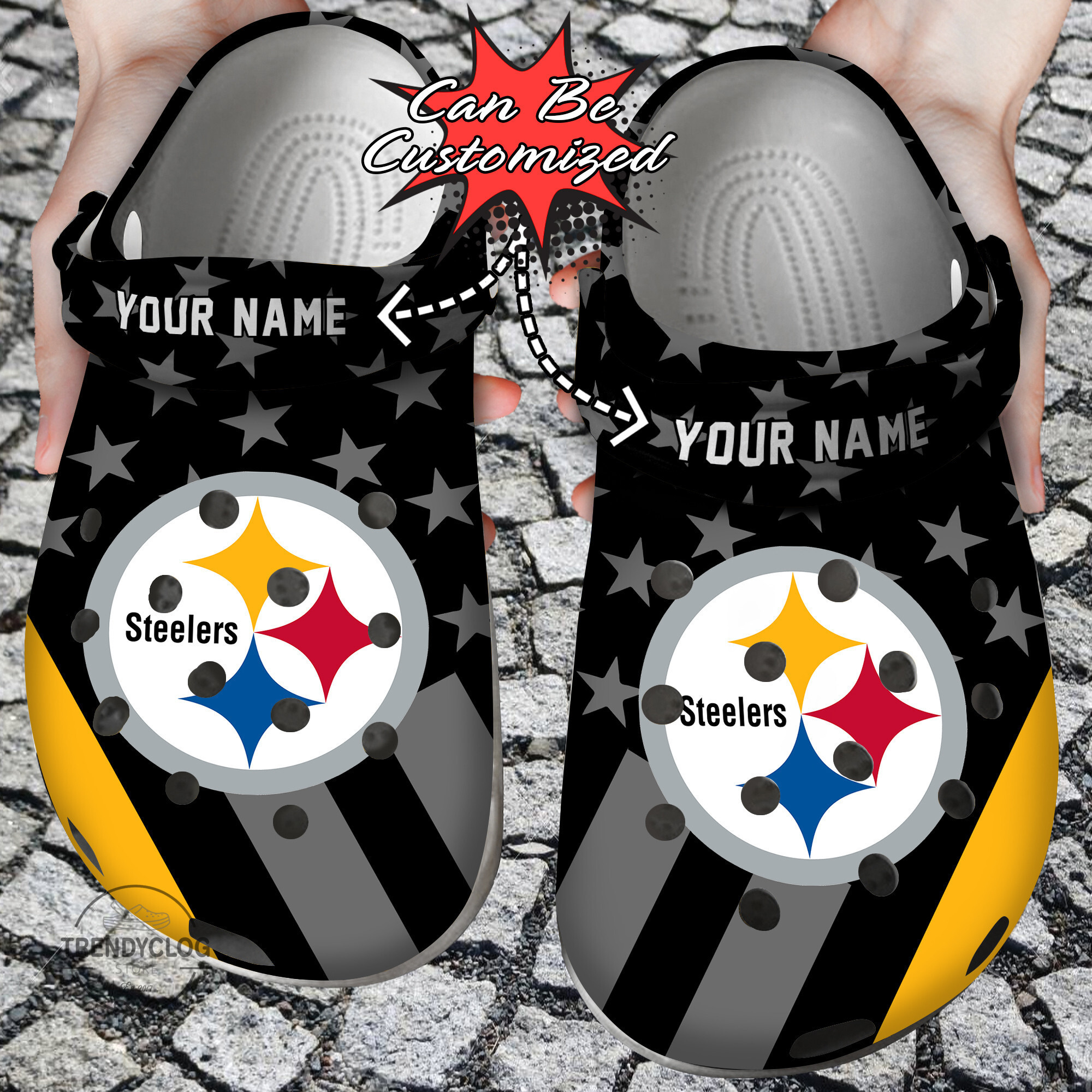Footwearmerch Football Personalized PSteelers Star Flag Clog Shoes