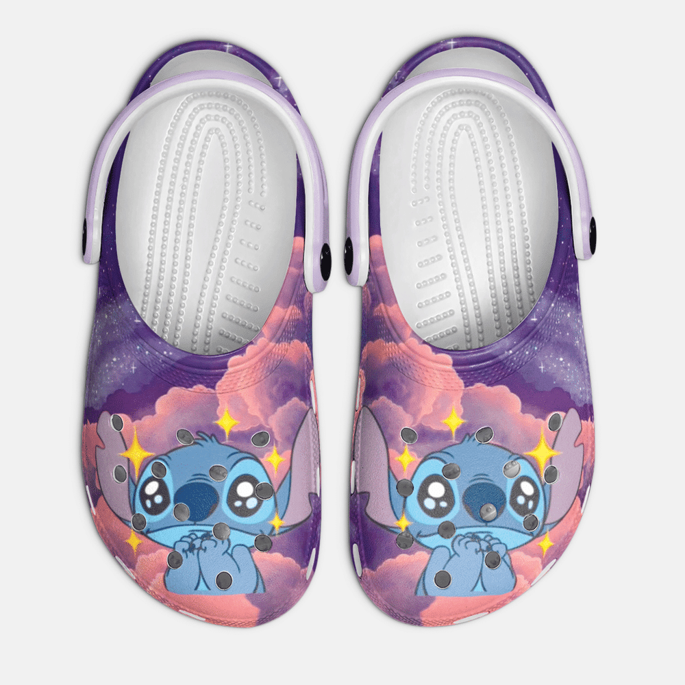 Footwearmerch Galaxy Night Sky Stitch Cute Kids Purple Clogs Shoes