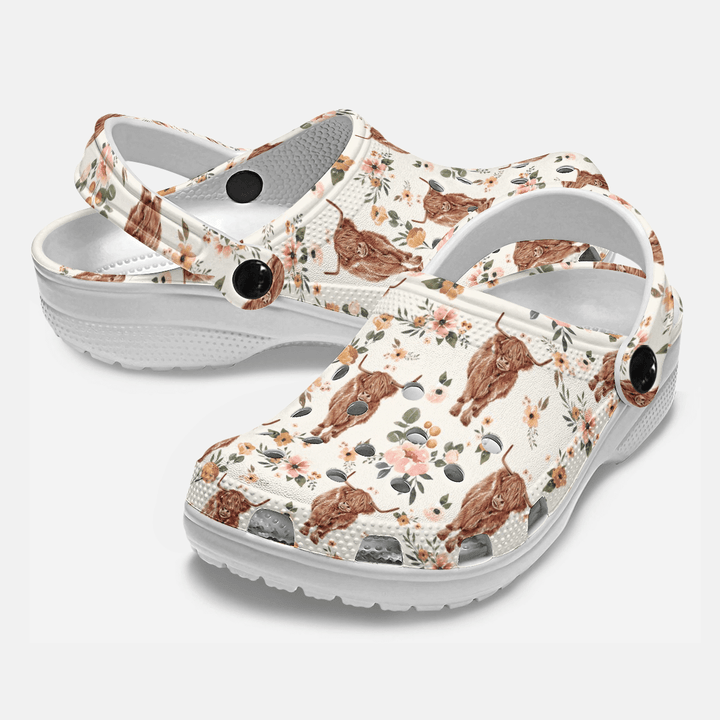 Footwearmerch Highland Cow Floral Crocs Crocband Clogs Shoes Comfortable For Men Women and Kids