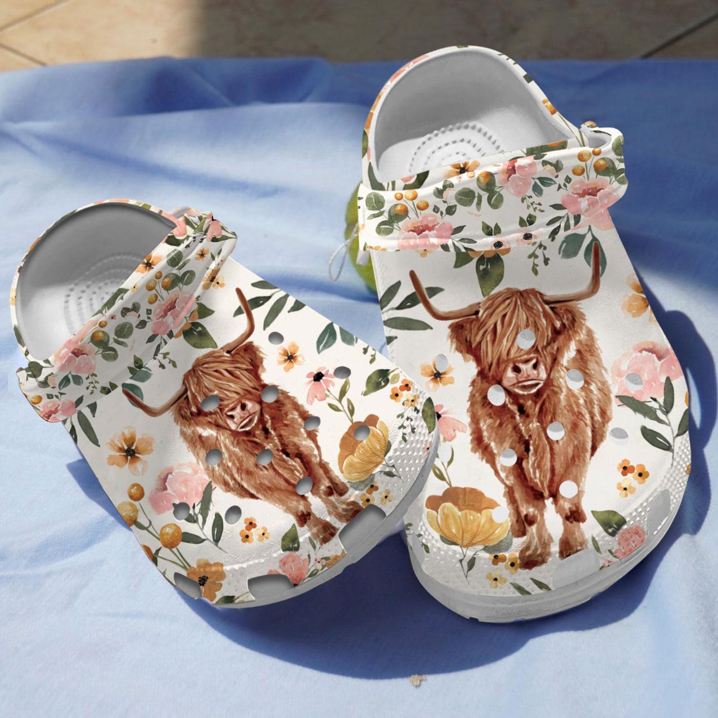 Footwearmerch Highland Cow Floral Crocs Crocband Clogs Shoes Comfortable For Men Women and Kids