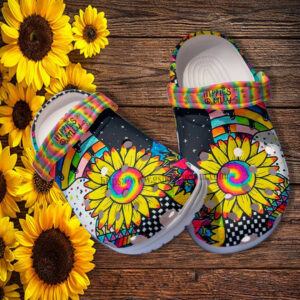 Footwearmerch Hippie Only Rainbow Sunflower Croc Shoes Gift Niece- Peace Love Hippie Rainbow Shoes Croc Clogs Gift Birthday