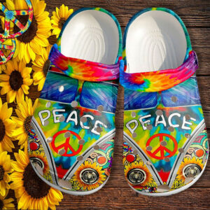 Footwearmerch Hippie Peace Bus Sunflower Croc Shoes- Rainbow Sunflower Peace Symbol Shoes Croc Clogs Gift Birthday Girl