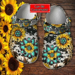 Footwearmerch Hippie Sunflower Leopard Cow Skin Shoes Gift Women Daughter- Sunflower God Bless Boho Shoes Croc Clogs Customize