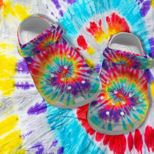 Footwearmerch Hippie Tie Dye Croc Shoes- Hippie Trippy Rainbow Shoes Croc Clogs Customize Gift Birthday
