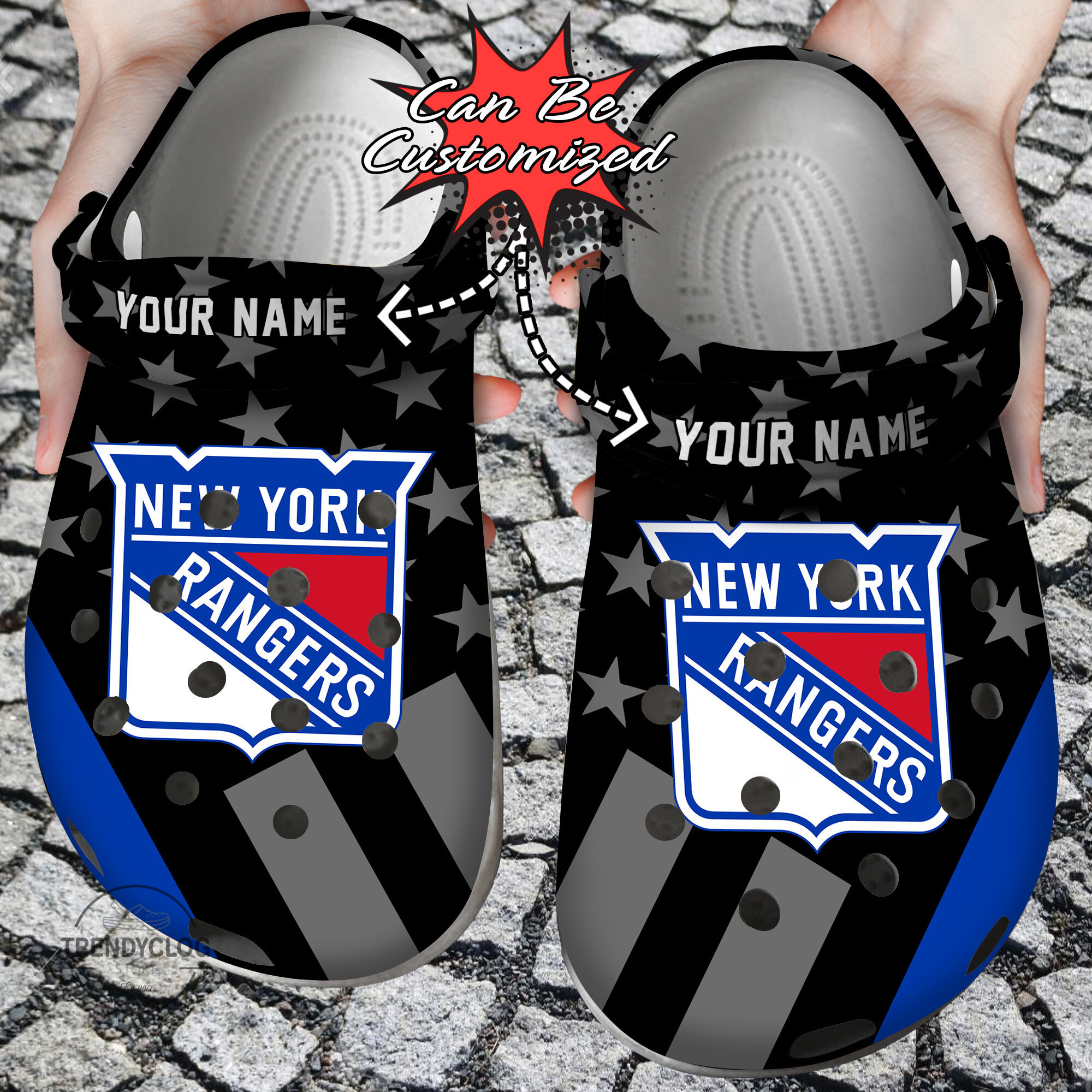 Footwearmerch Hockey Personalized NY Rangers Star Flag Clog Shoes