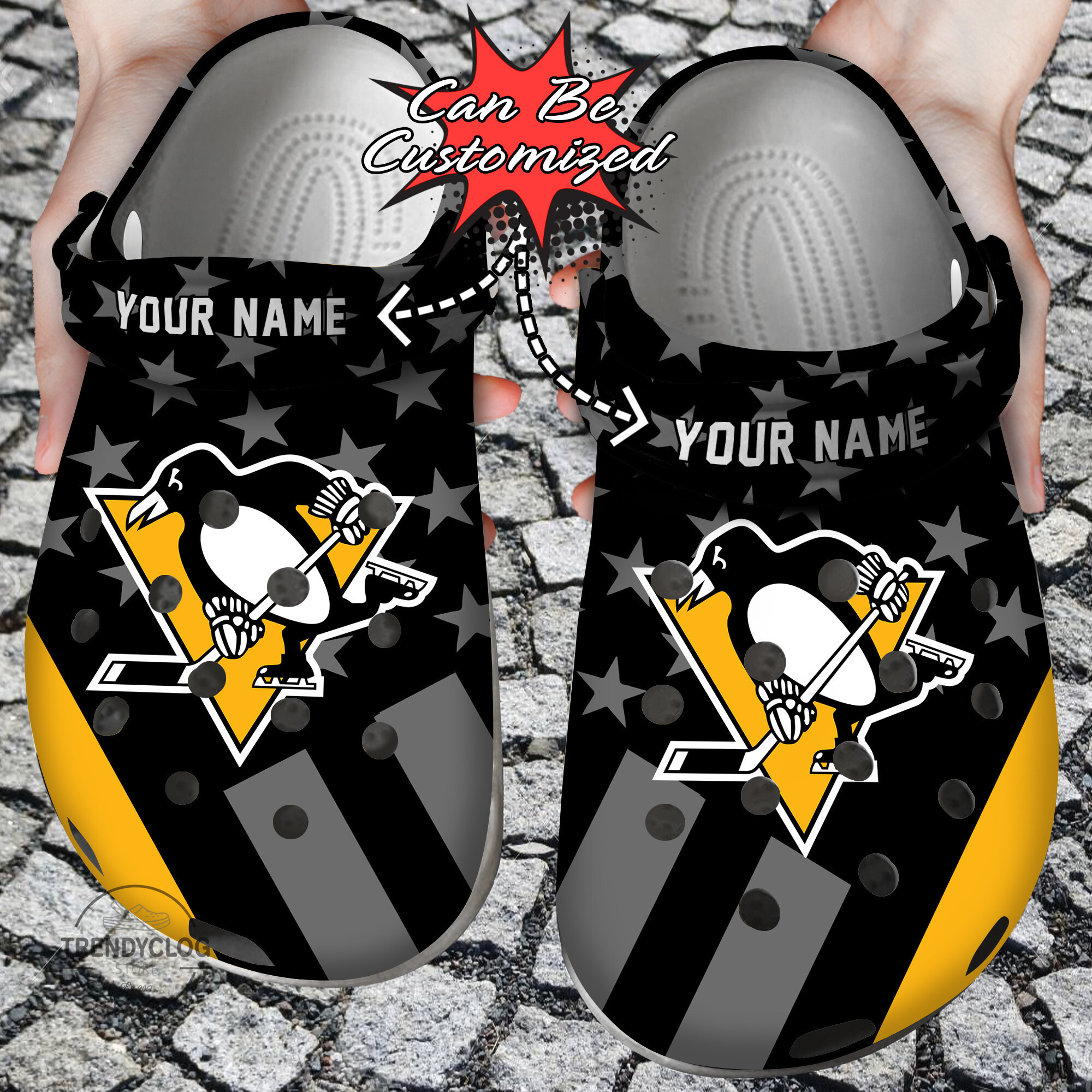 Footwearmerch Hockey Personalized PPenguins Star Flag Clog Shoes