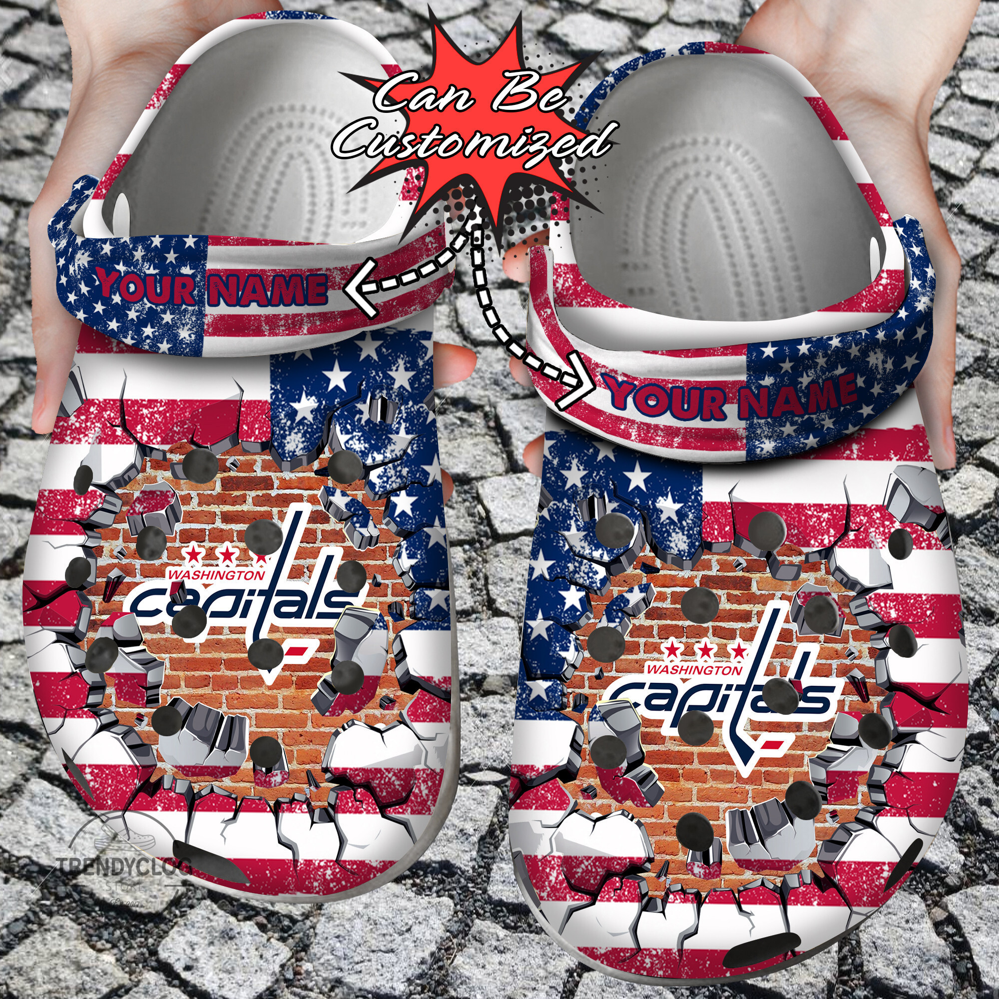 Footwearmerch Hockey Personalized WCapitals American Flag Breaking Wall Clog Shoes