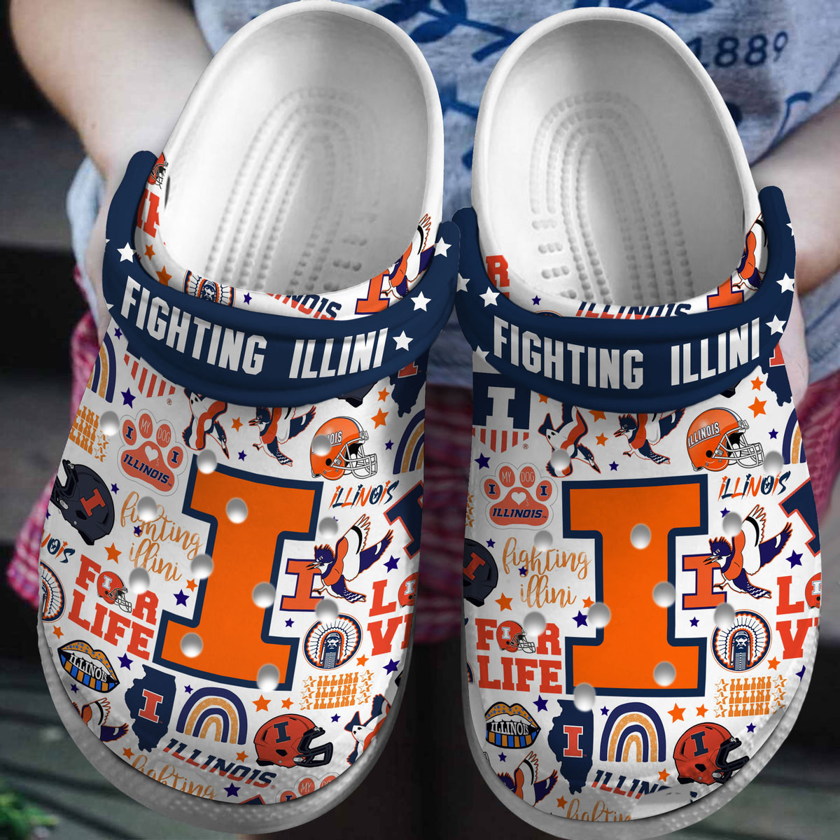 Footwearmerch Illiois Fighting Illini NCAA Sport Crocs Crocband Clogs Shoes Comfortable For Men Women and Kids
