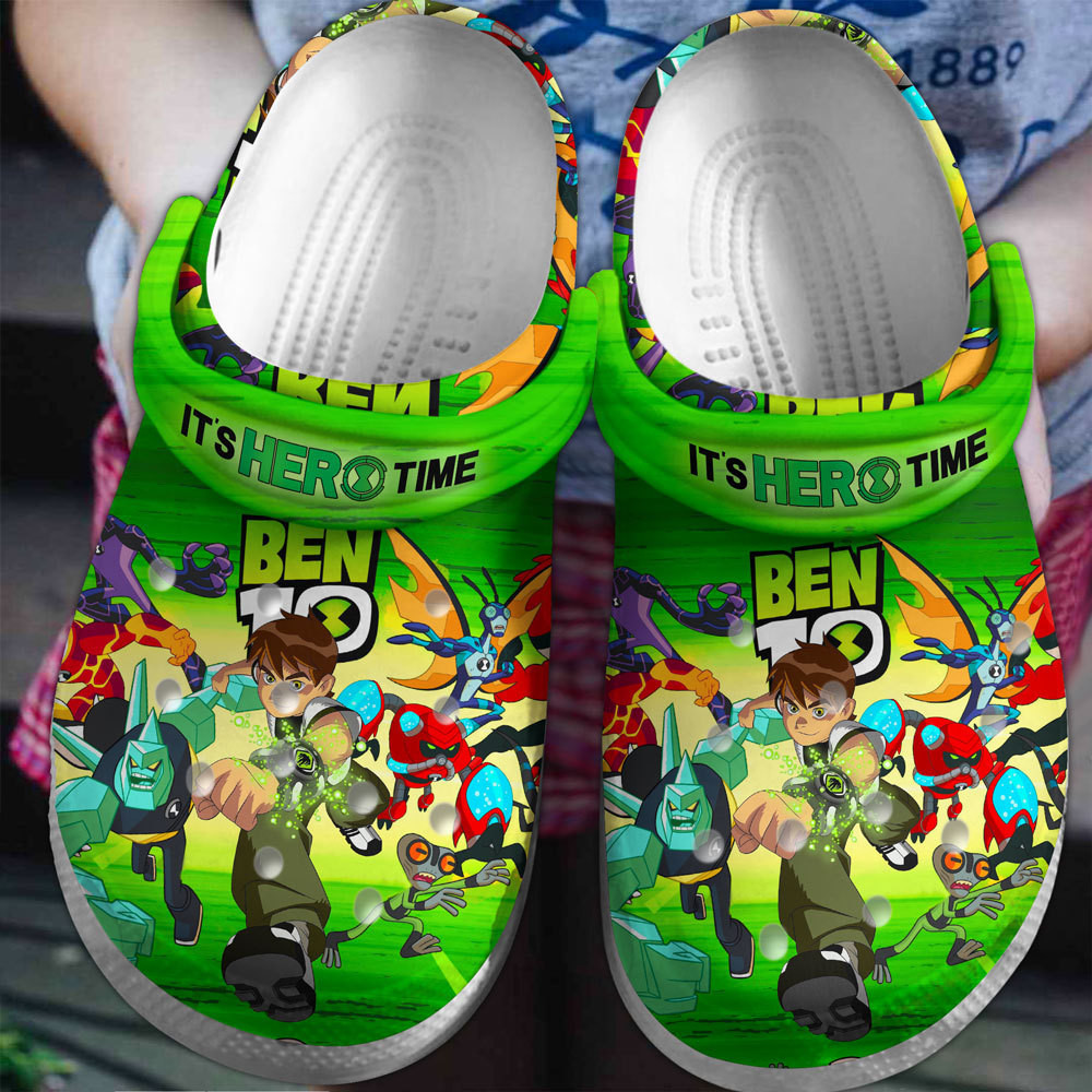 Footwearmerch It's Hero Time Ben 10 Cartoon Crocs Crocband Clogs Shoes Comfortable For Men Women and Kids