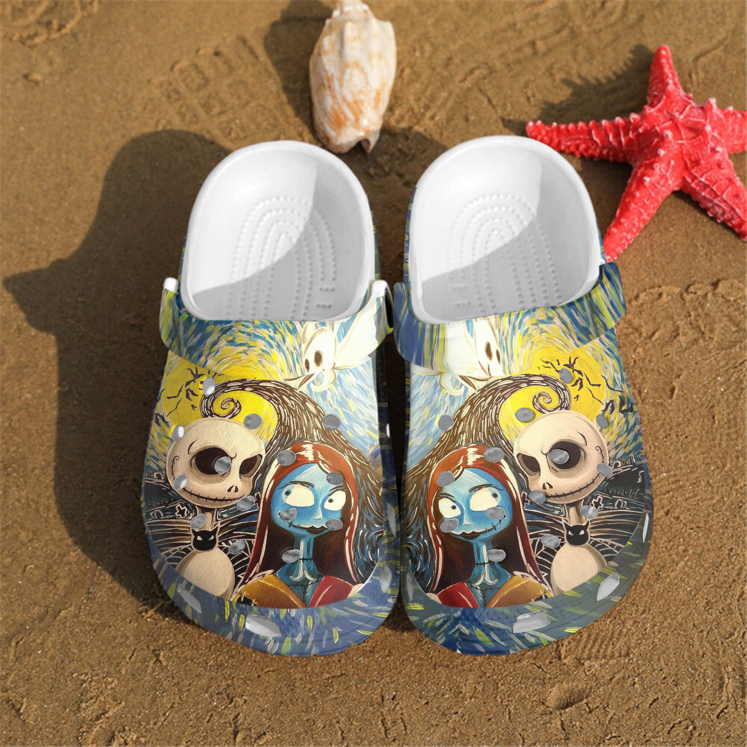 Footwearmerch Jack Skellington And Sally The Nightmare Before Christmas Movie Vangogh Painting Crocband Clogs