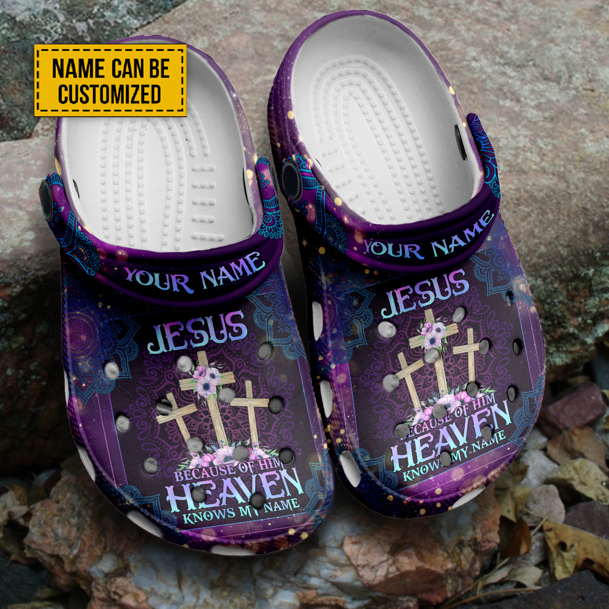 Footwearmerch Jesus Because Of Him Heaven Knows My Name Customized Crocs Crocband Clogs Shoes Comfortable For Men Women and Kids Gift For Jesus Lovers