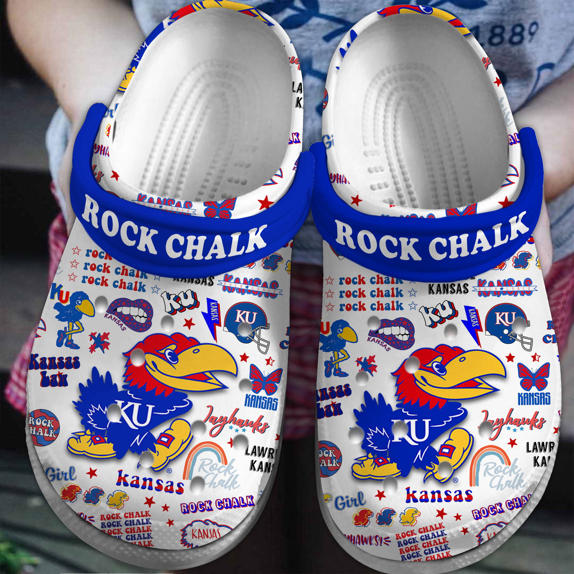 Footwearmerch Kansas Jayhawks NCAA Sport Crocs Crocband Clogs Shoes Comfortable For Men Women and Kids