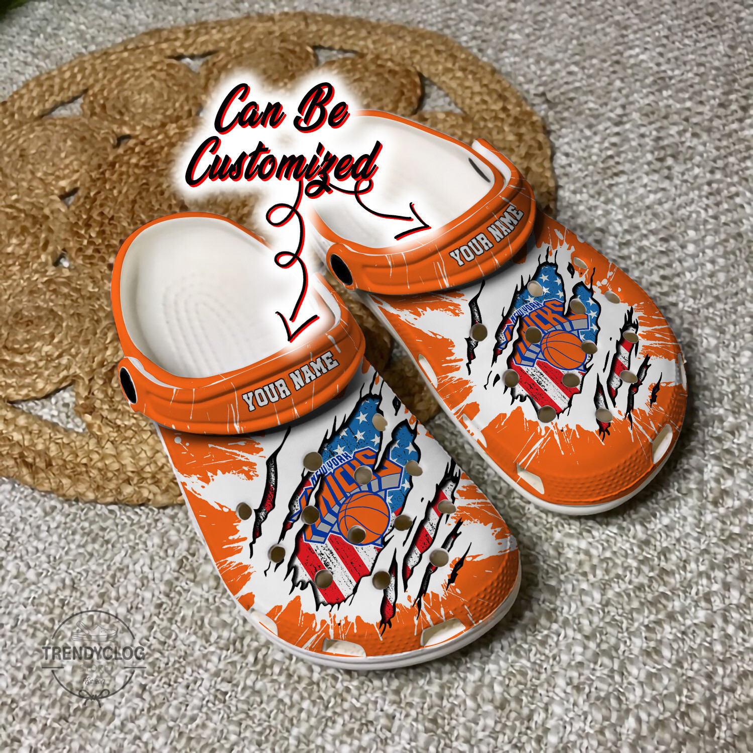Footwearmerch Knicks Personalized NY Knicks Basketball Ripped American Flag Clog Shoes