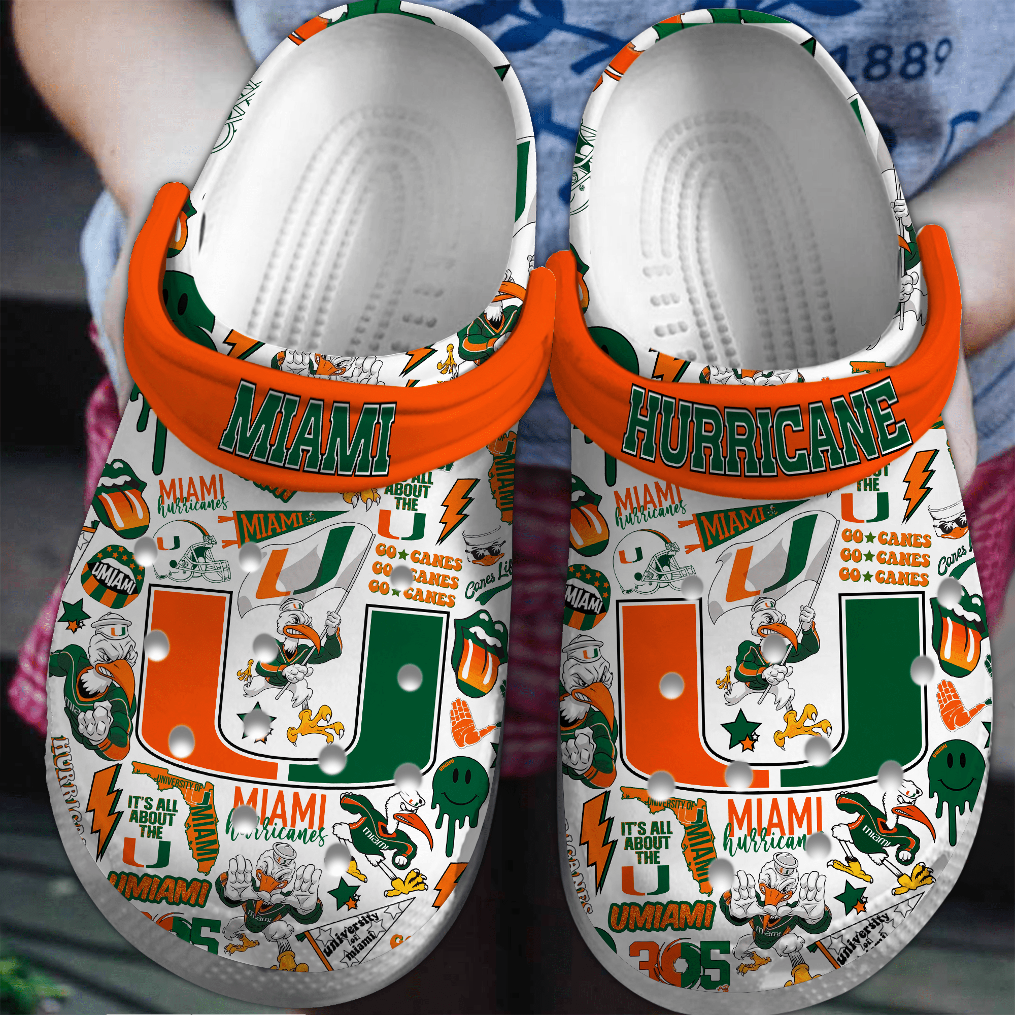 Footwearmerch Miami Hurricanes NCAA Sport Crocs Crocband Clogs Shoes Comfortable For Men Women and Kids