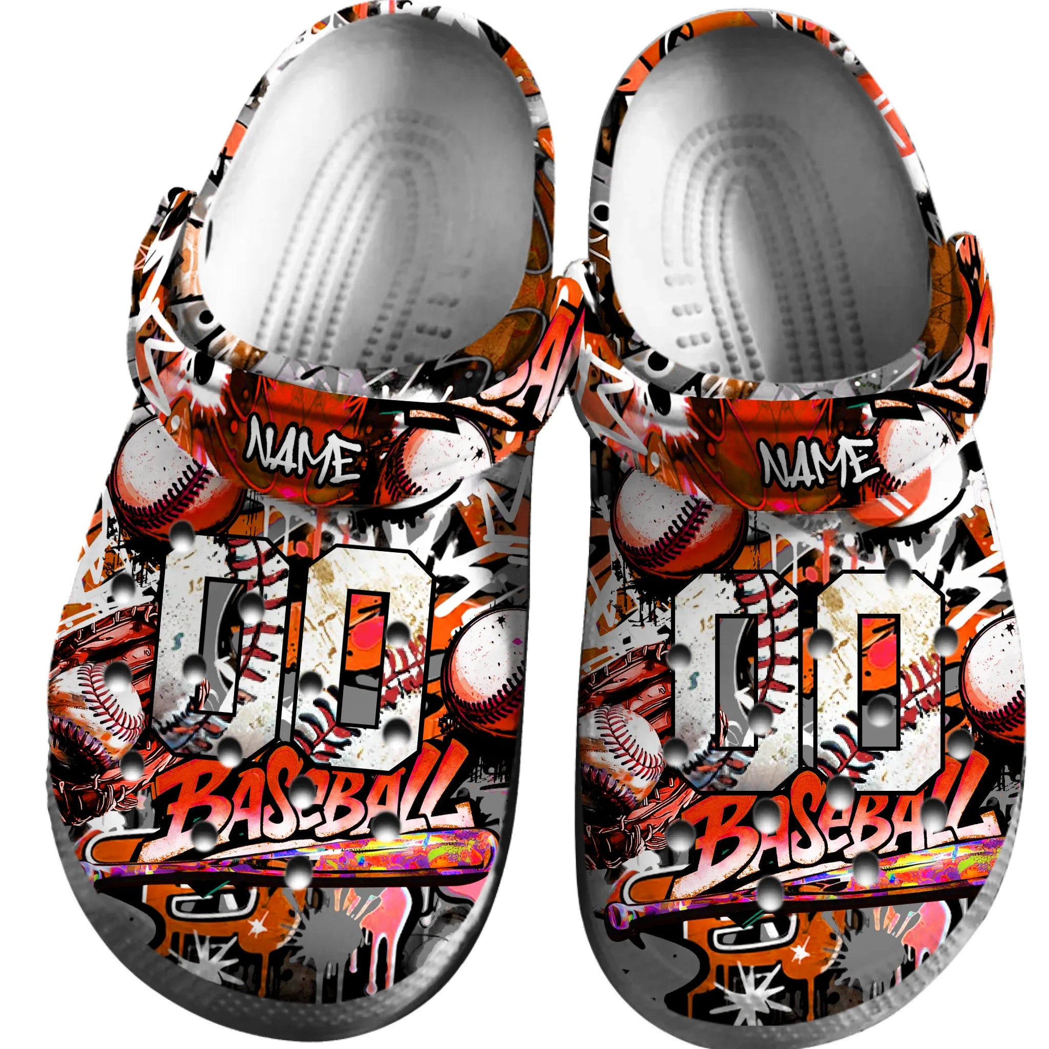 Footwearmerch Orange Graffiti Baseball Sport Crocs Crocband Clogs Shoes Comfortable For Men Women and Kids
