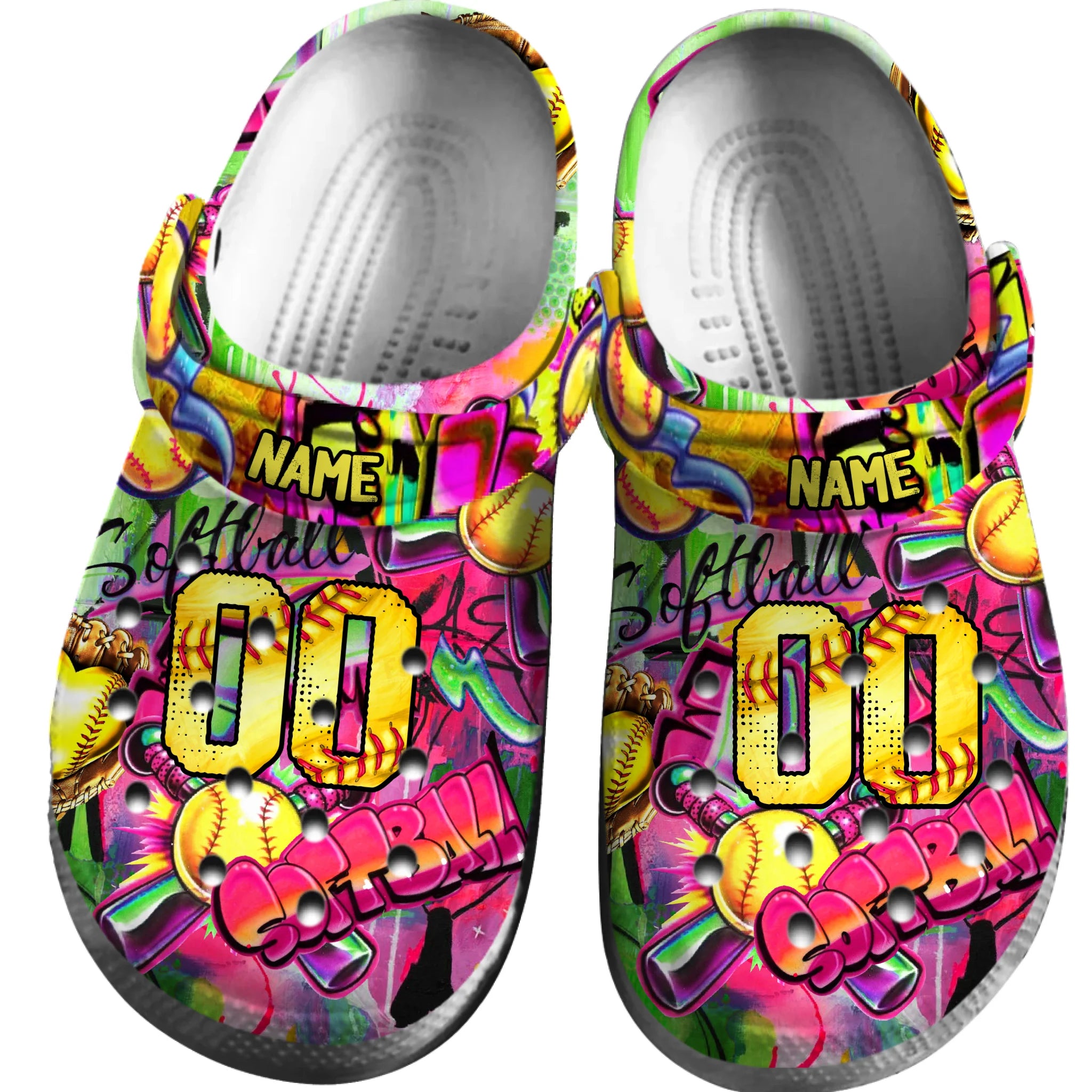 Footwearmerch Pink Green Graffiti Softball Sport Crocs Crocband Clogs Shoes Comfortable For Men Women and Kids