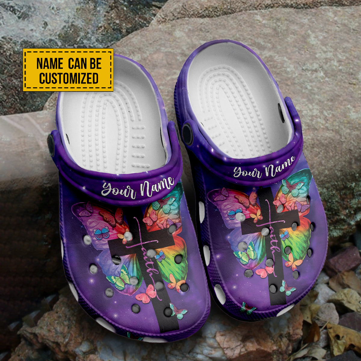 Footwearmerch Purple Butterfly Faith Jesus Customized Crocs Crocband Clogs Shoes Comfortable For Men Women and Kids Gift For Jesus Lovers