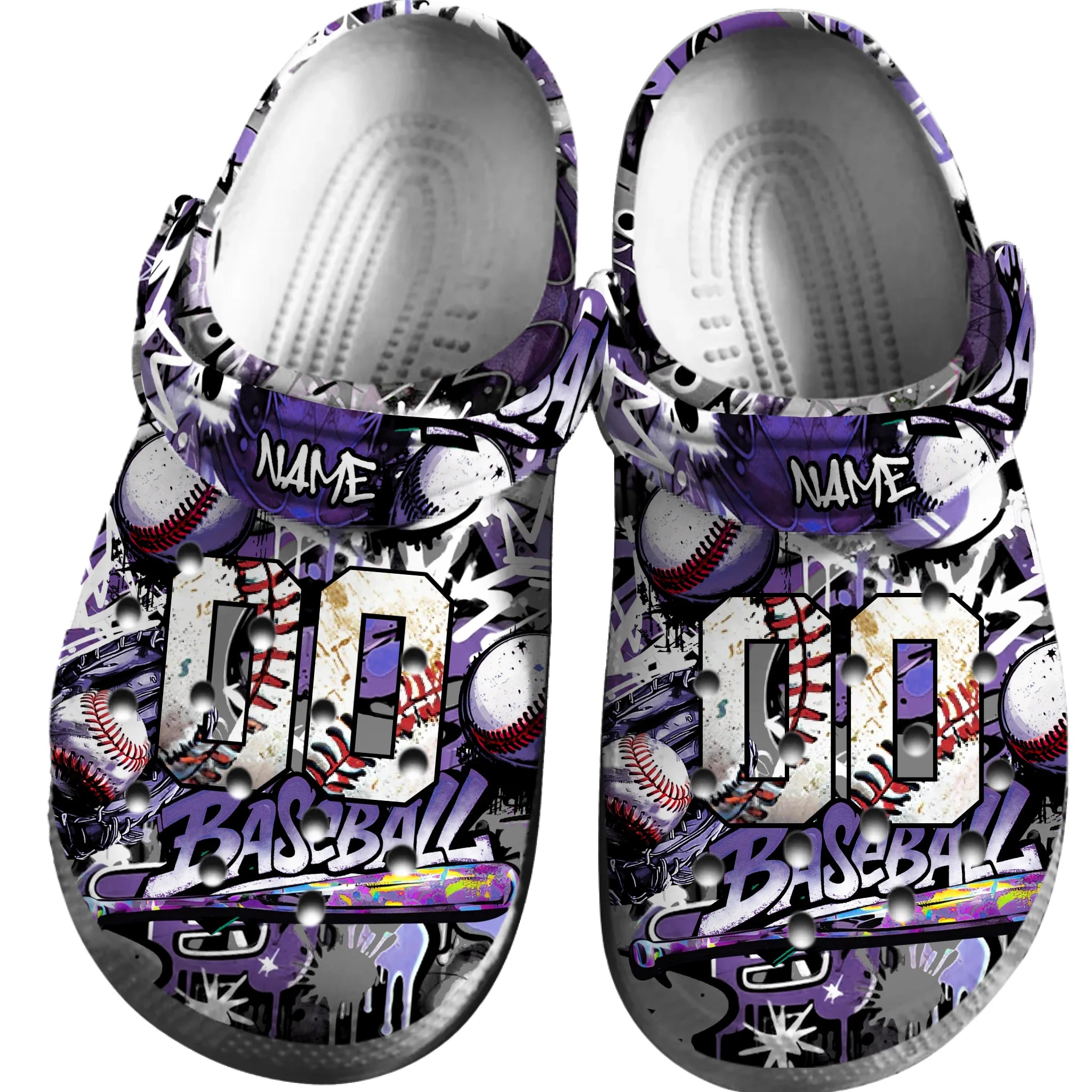 Footwearmerch Purple Graffiti Baseball Sport Crocs Crocband Clogs Shoes Comfortable For Men Women and Kids