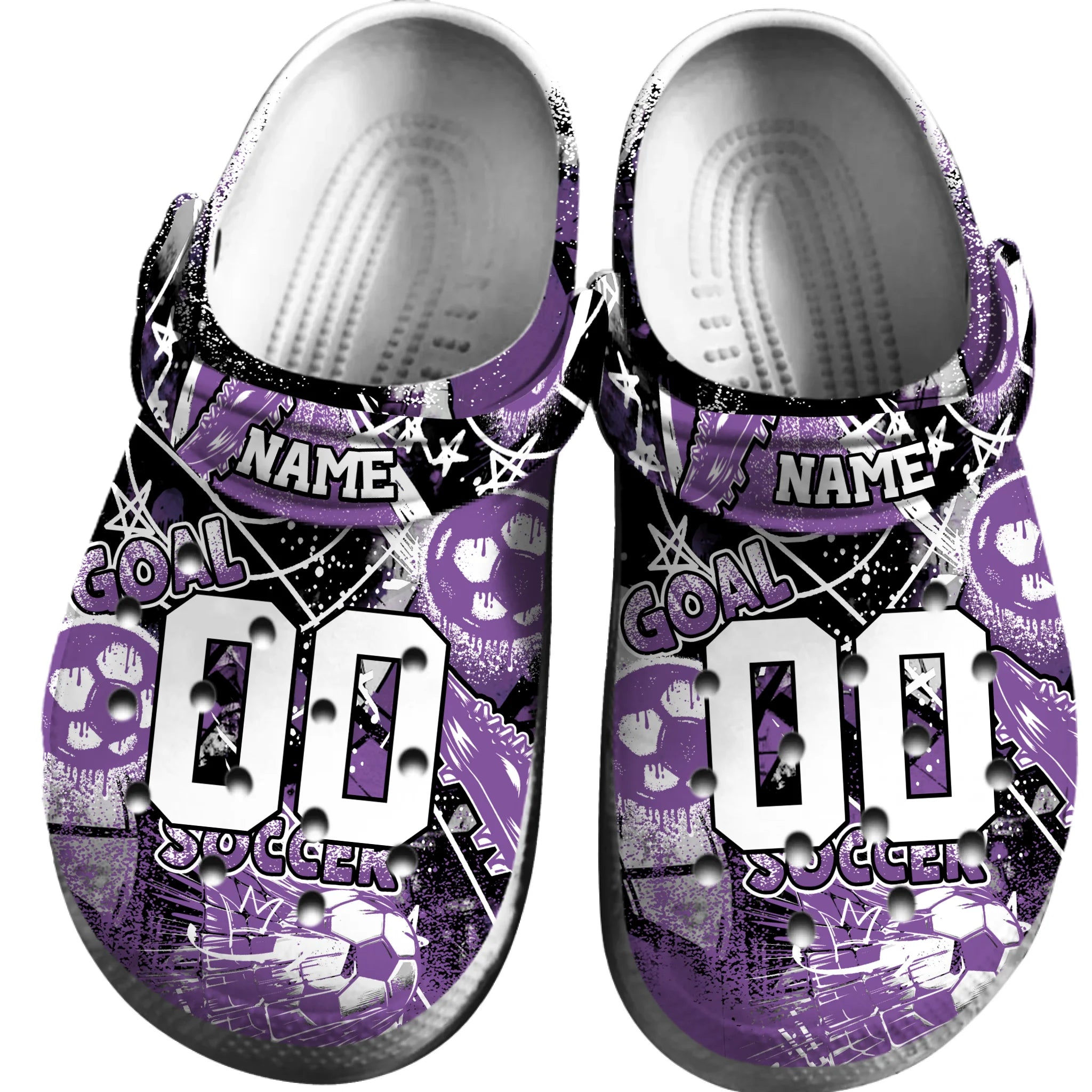 Footwearmerch Purple Graffiti Soccer Sport Crocs Crocband Clogs Shoes Comfortable For Men Women and Kids