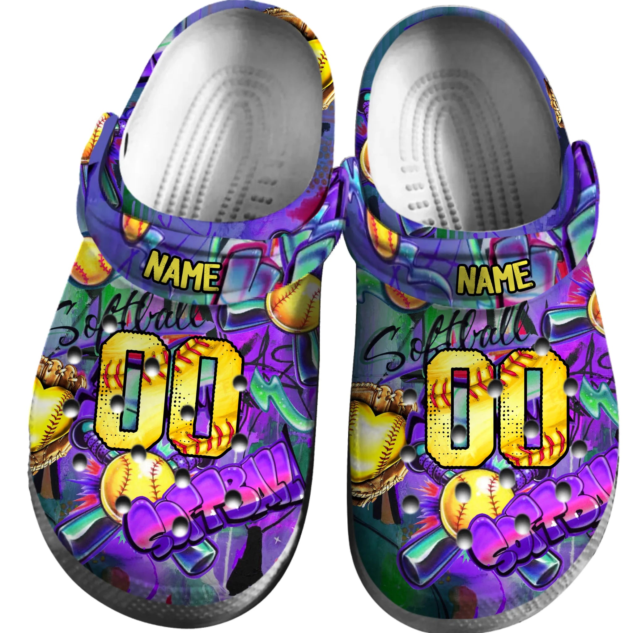 Footwearmerch Purple Graffiti Softball Sport Crocs Crocband Clogs Shoes Comfortable For Men Women and Kids