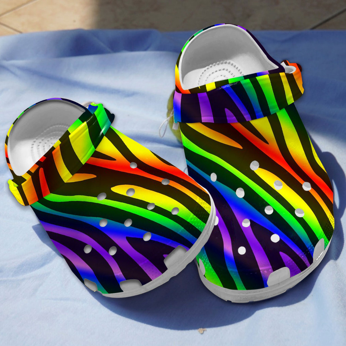 Footwearmerch Rainbow Zebra Crocs Crocband Clogs Shoes Comfortable For Men Women and Kids