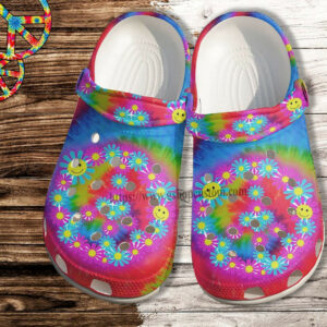 Footwearmerch Smile Hippie Daisy Flower Rainbow Croc Shoes- Hippie Peace Beach Shoes Croc Clogs