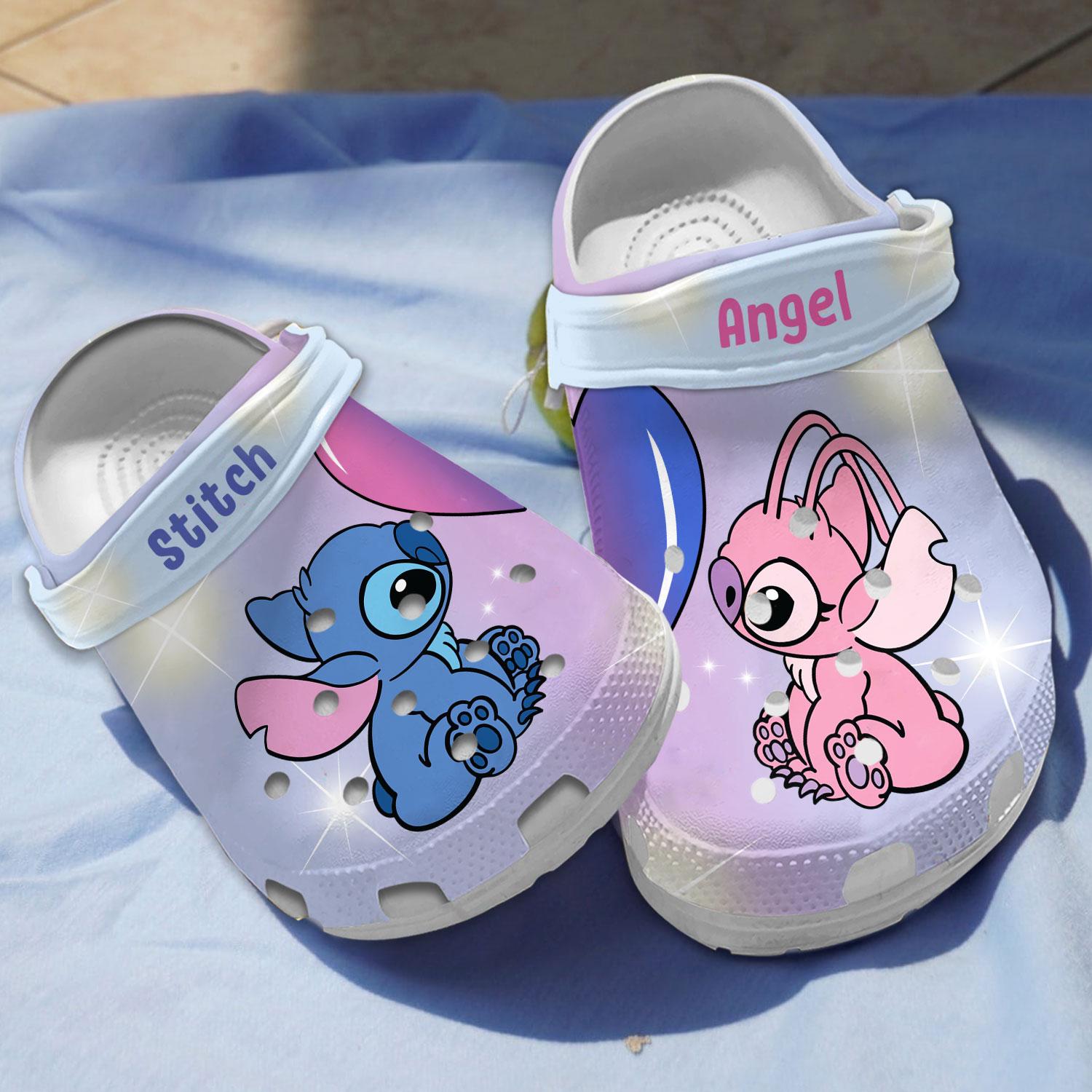 Footwearmerch Stitch And Angel Cartoon Crocs Crocband Clogs Shoes Comfortable For Men Women and Kids