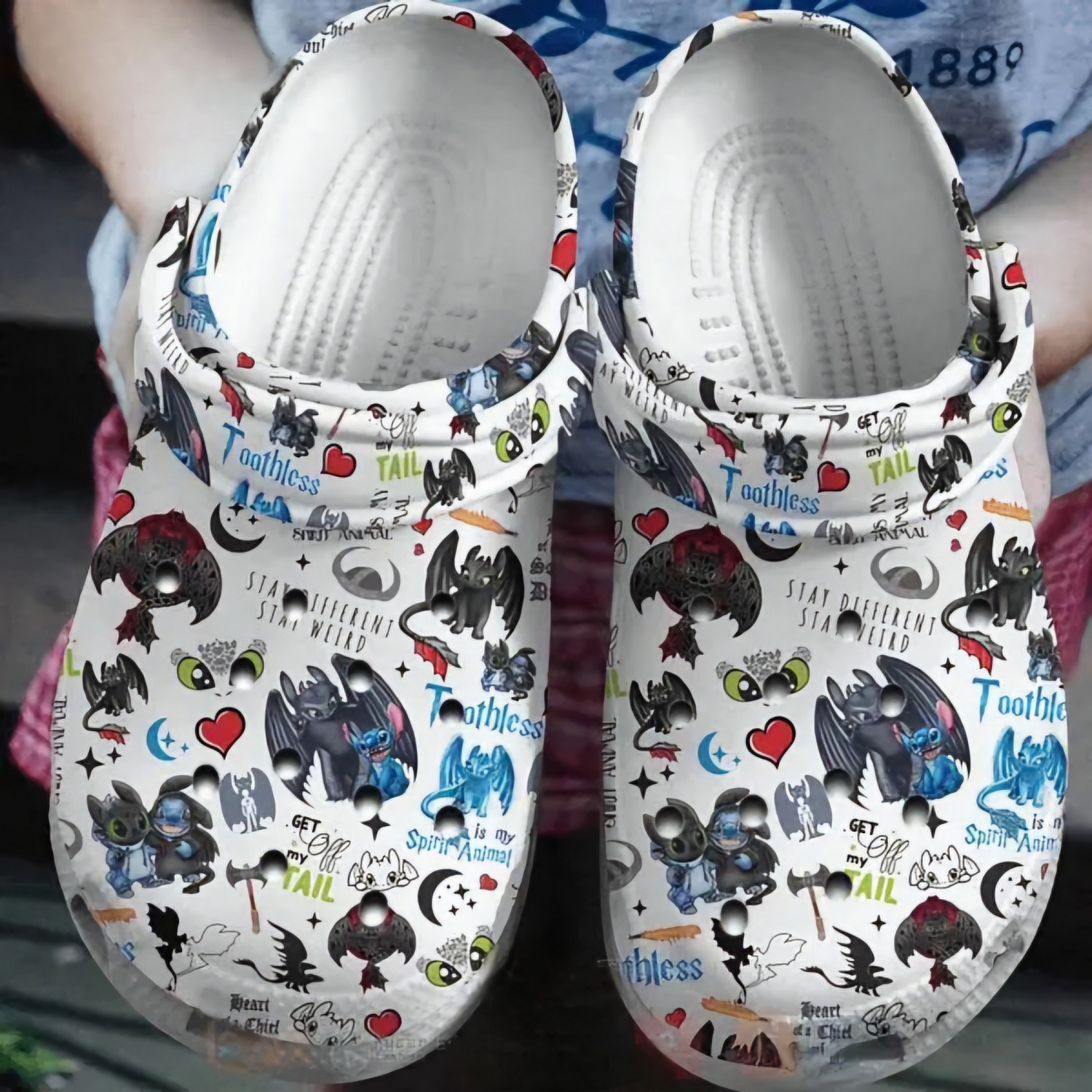 Footwearmerch Stitch And Toothless White Cartoon Crocs Crocband Clogs Shoes Comfortable For Men Women and Kids